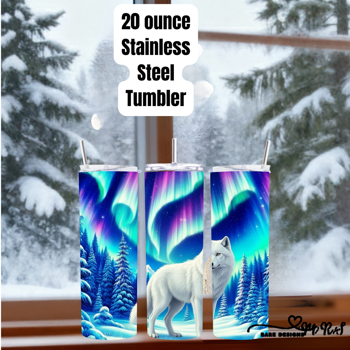 Northern Lights Arctic Wolf 20oz Stainless Steel Tumbler with Straw