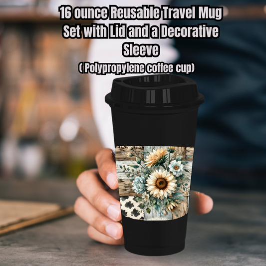 Rustic Sunflower Patchwork 16oz Reusable Travel Mug Set — Lid + Decorative Sleeve (Polypropylene)