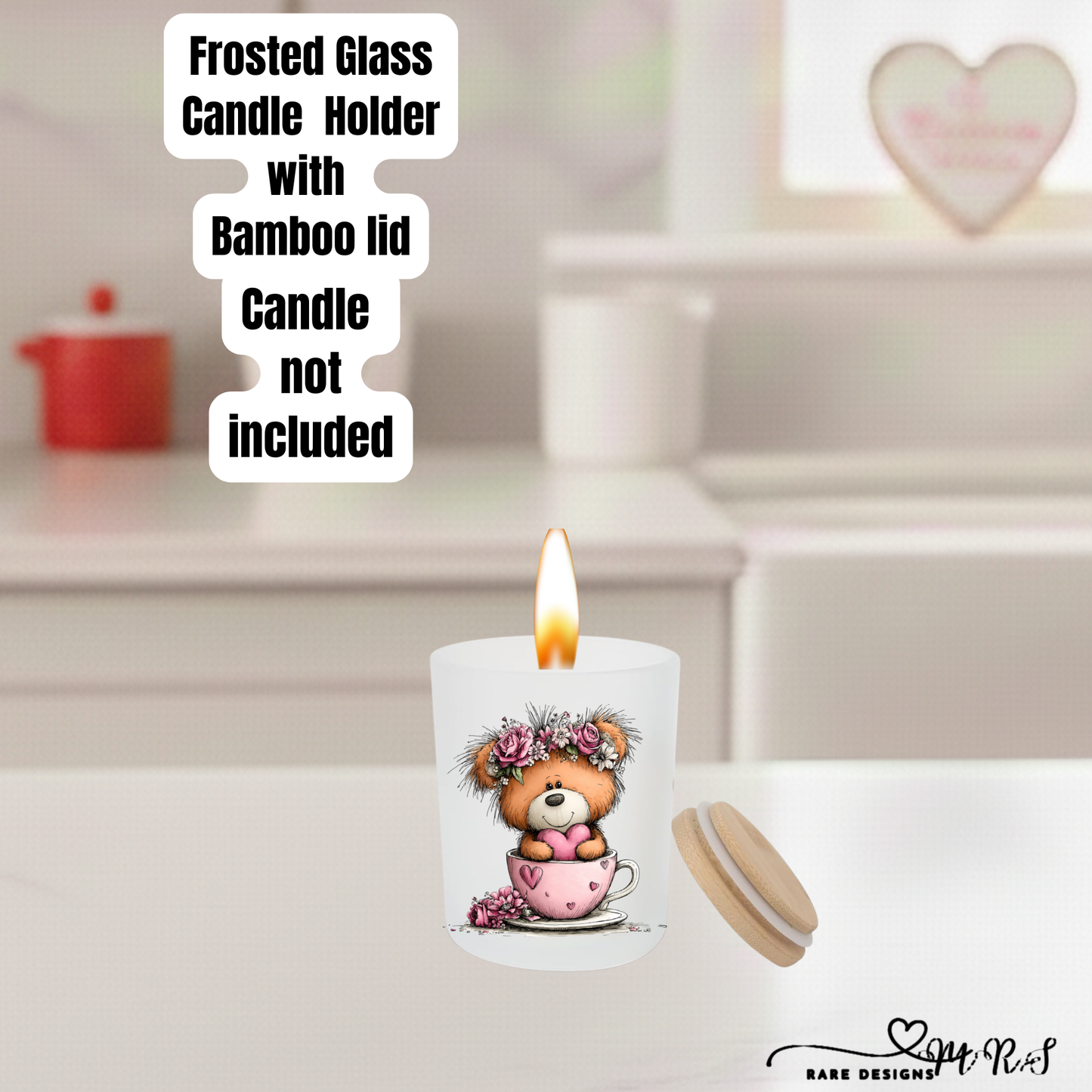Adorable Teddy Bear Frosted Glass Candle Holder with Bamboo Lid – Valentine’s Gift Home Décor Collection