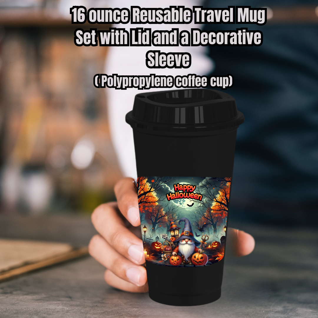 Spooky Sips Gnome 16oz Reusable Travel Mug Set (Cup + Lid + Decorative Sleeve)