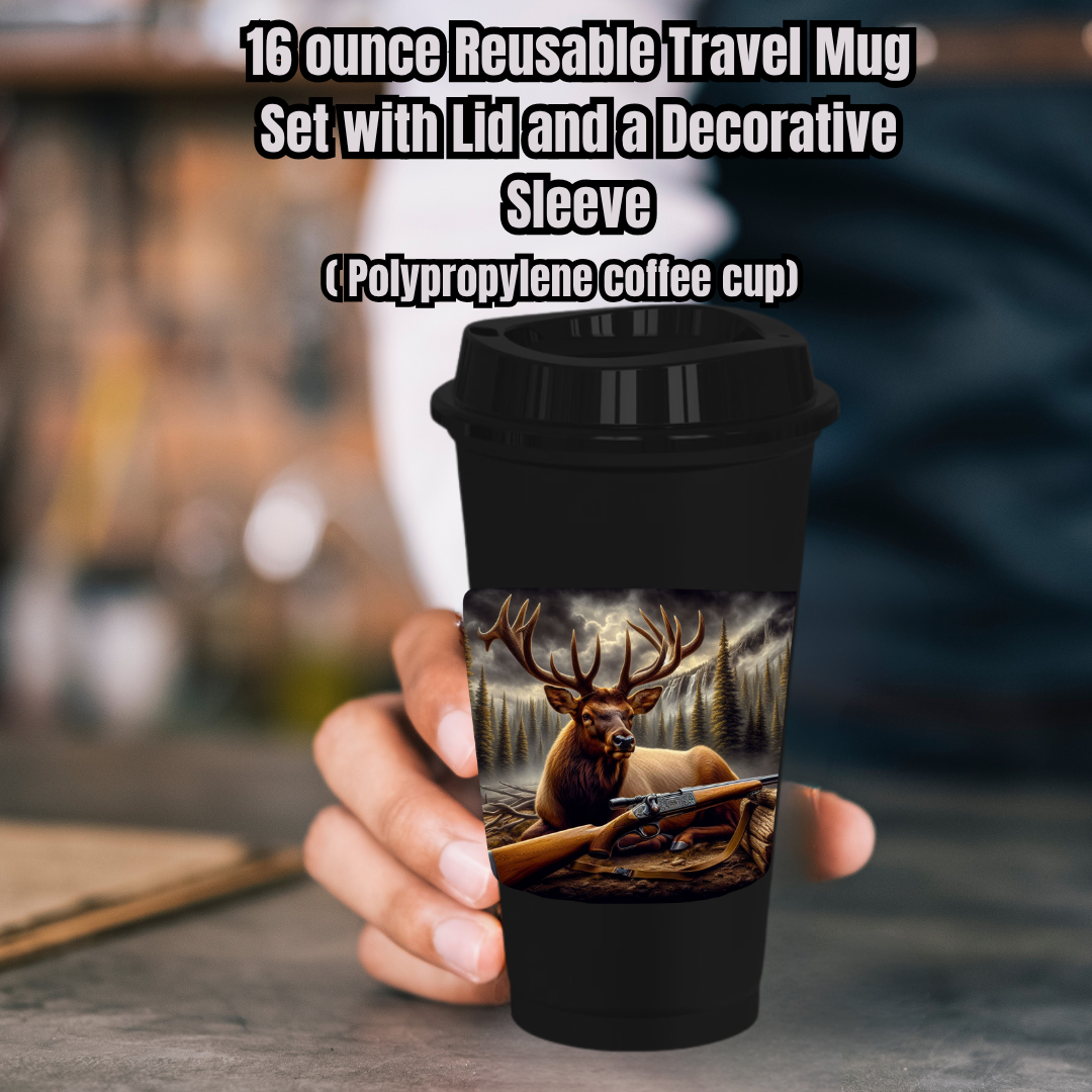 Elk Hunter 16oz Travel Mug Set — Reusable Cup, Lid & Decorative Sleeve (Polypropylene)