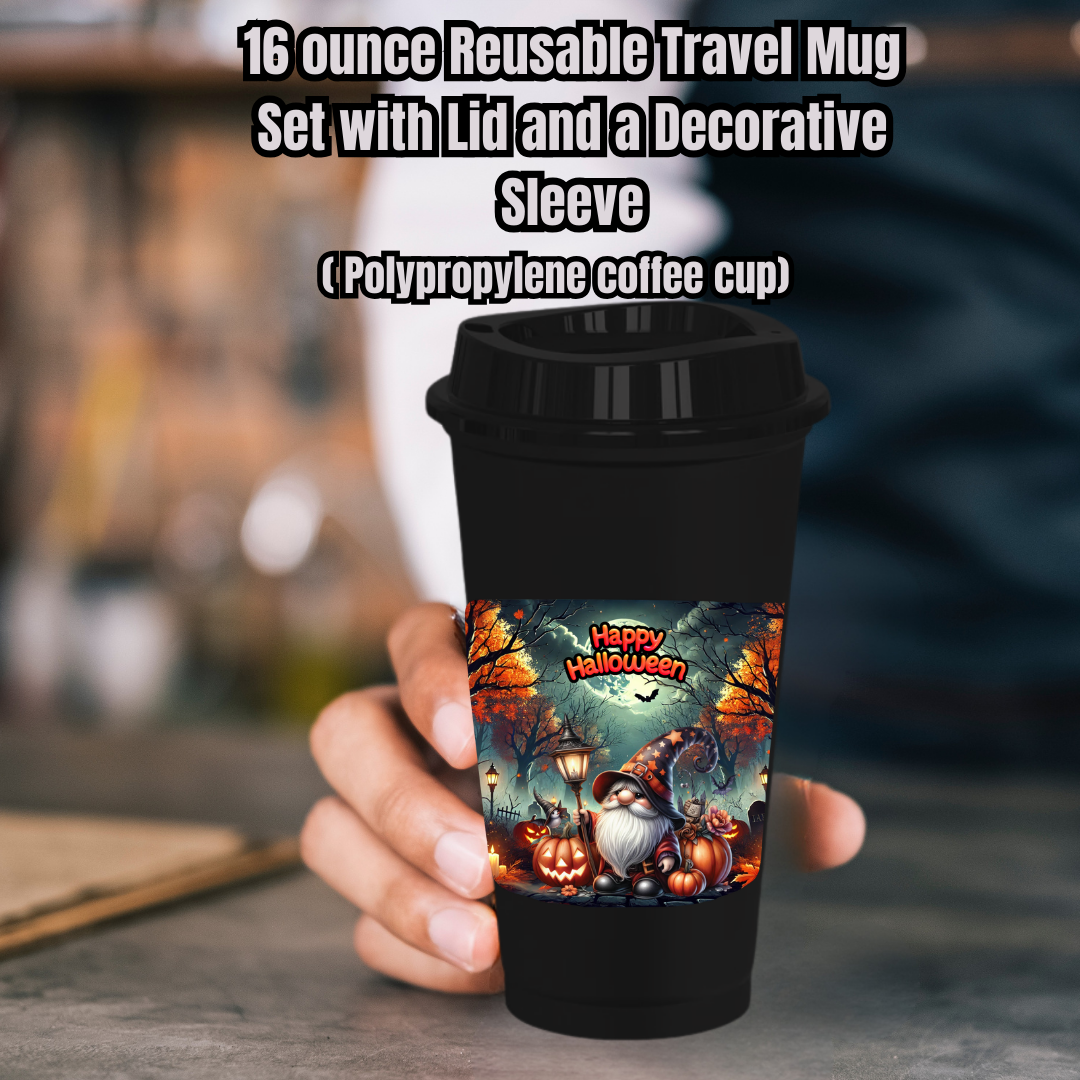 Spooky Sips Gnome 16oz Reusable Travel Mug Set (Cup + Lid + Decorative Sleeve)