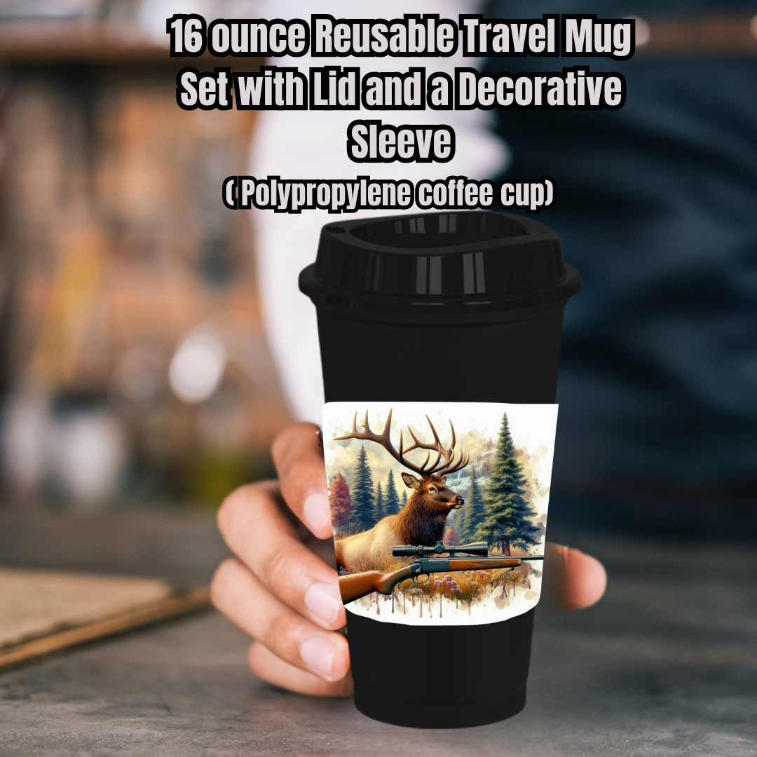 Elk Hunter 16oz Travel Mug Set — Reusable Cup, Lid & Decorative Sleeve (Polypropylene)