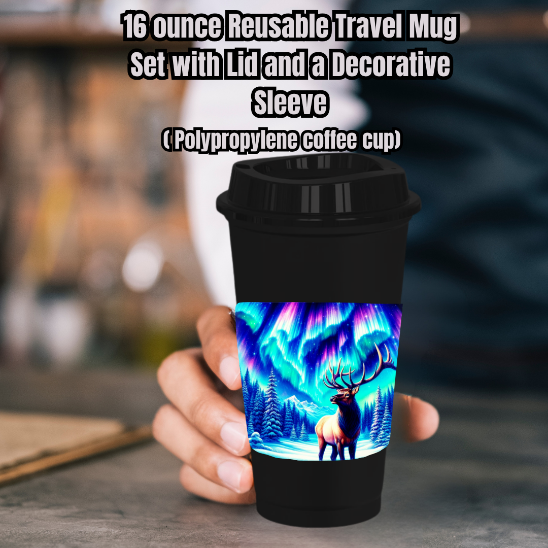 Northern Lights Elk 16oz Reusable Travel Mug Set (with Decorative Sleeve)