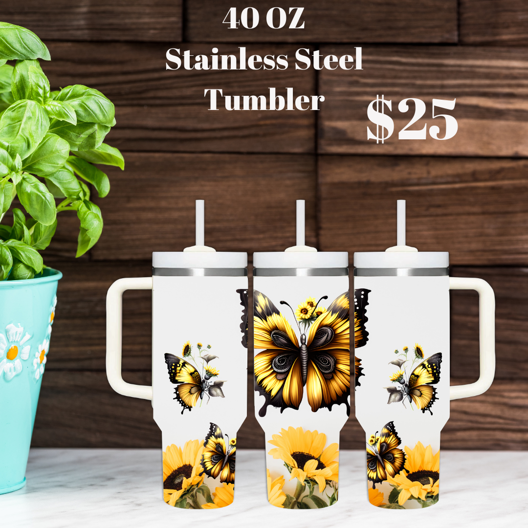 Butterfly and Sunflower 40oz Stainless Steel Tumbler