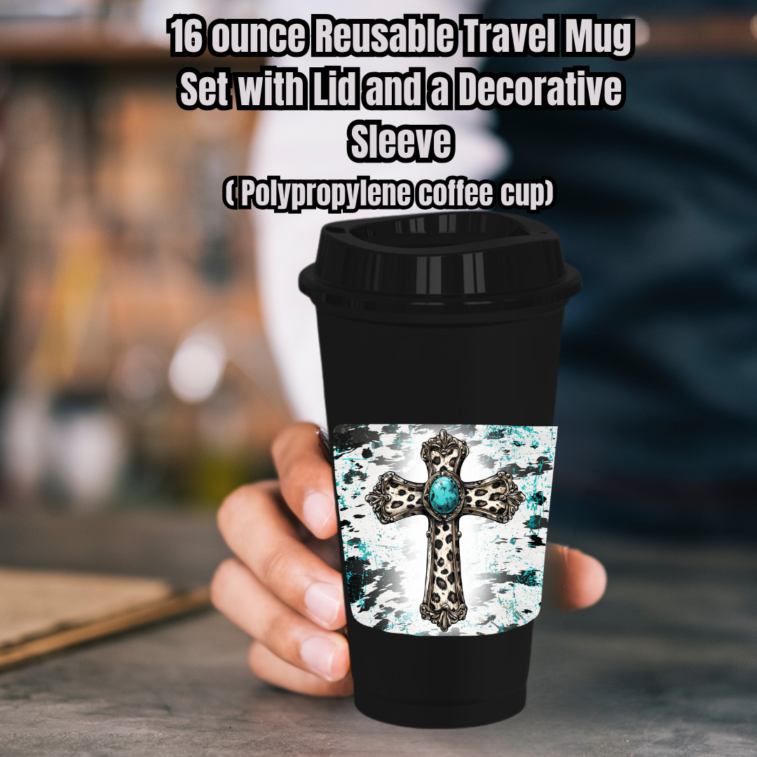 Turquoise Cross Cowhide Splash Travel Mug Set — 16oz Reusable Cup w/ Lid & Decorative Sleeve