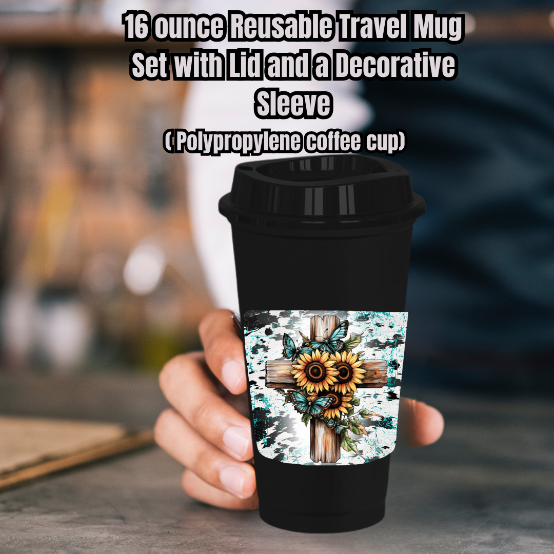 Turquoise Cross Cowhide Splash Travel Mug Set — 16oz Reusable Cup w/ Lid & Decorative Sleeve