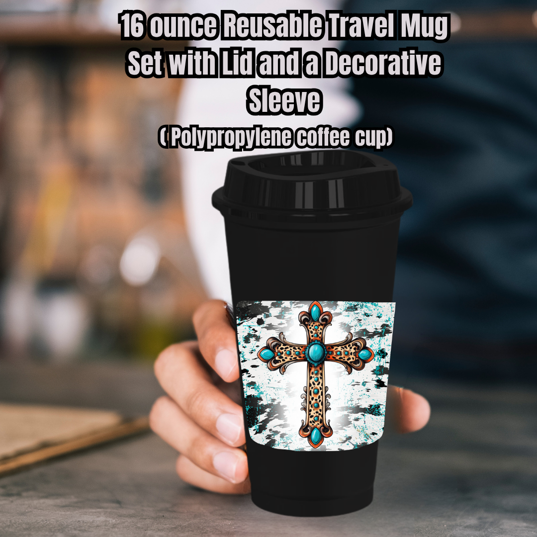 Turquoise Cross Cowhide Splash Travel Mug Set — 16oz Reusable Cup w/ Lid & Decorative Sleeve