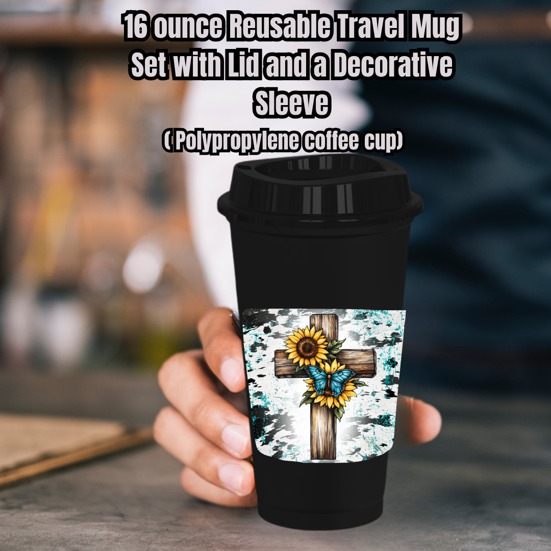 Turquoise Cross Cowhide Splash Travel Mug Set — 16oz Reusable Cup w/ Lid & Decorative Sleeve