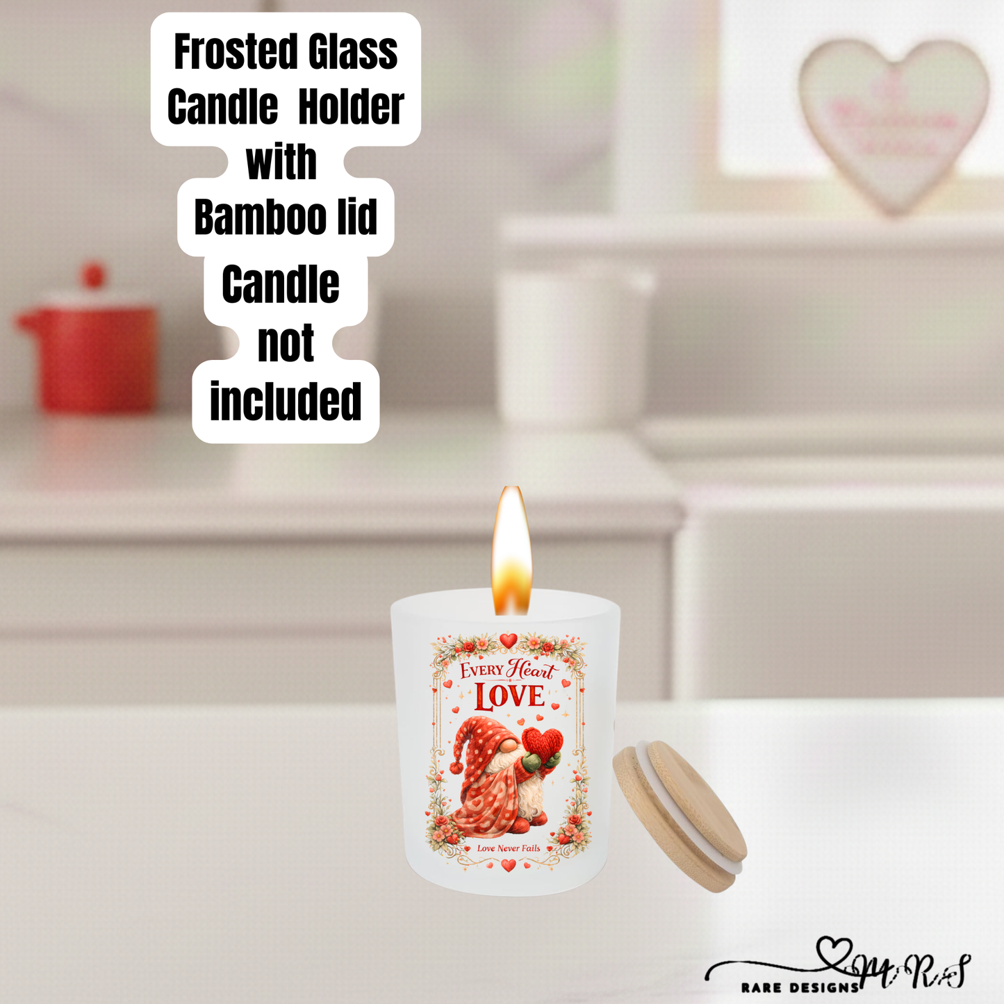 Love Collection Frosted Glass Candle Holder – Romantic Decorative Jar with Bamboo Lid (Candle Not Included)
