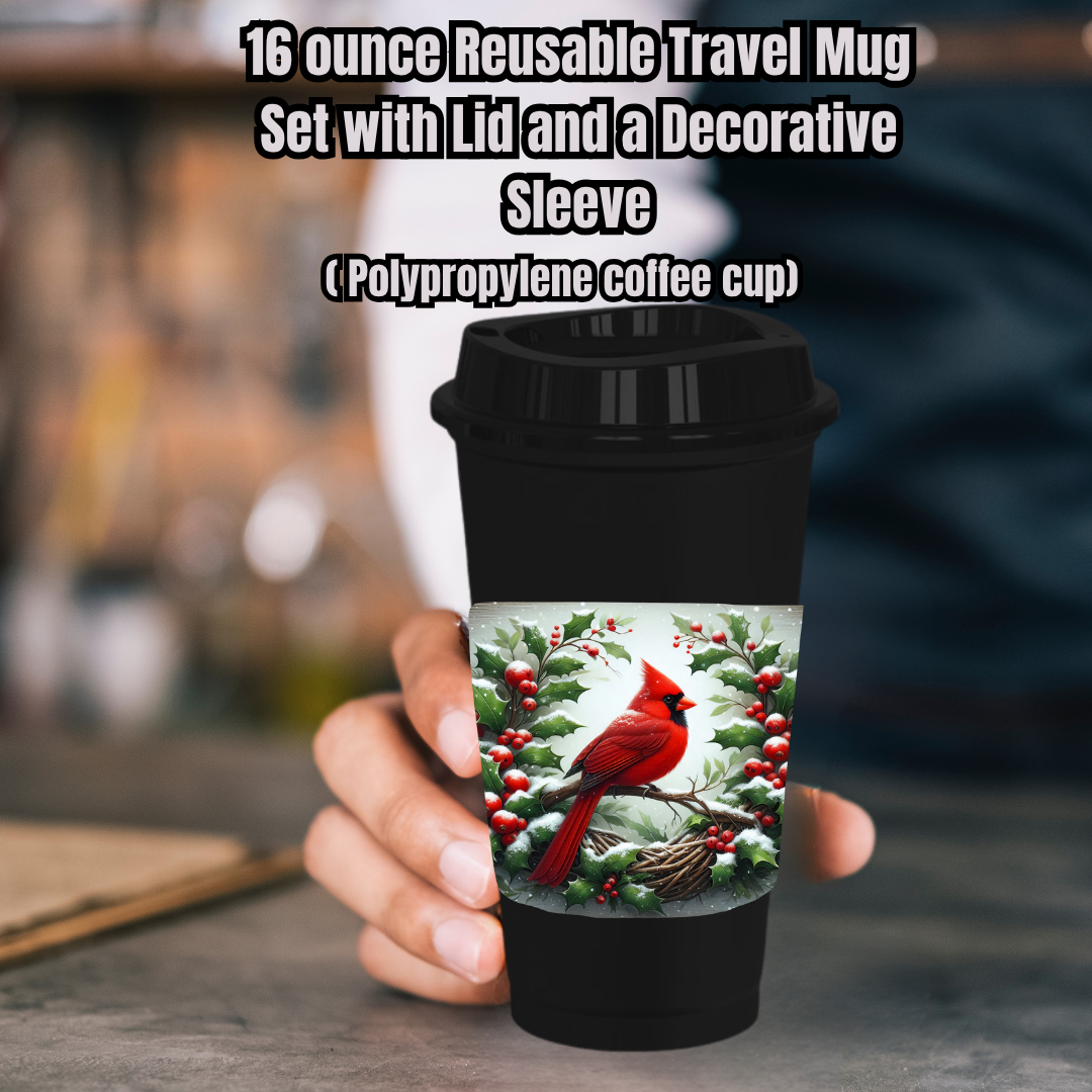 Cardinal Holiday Travel Mug Set – 16oz Reusable Coffee Cup with Lid & Decorative Sleeve