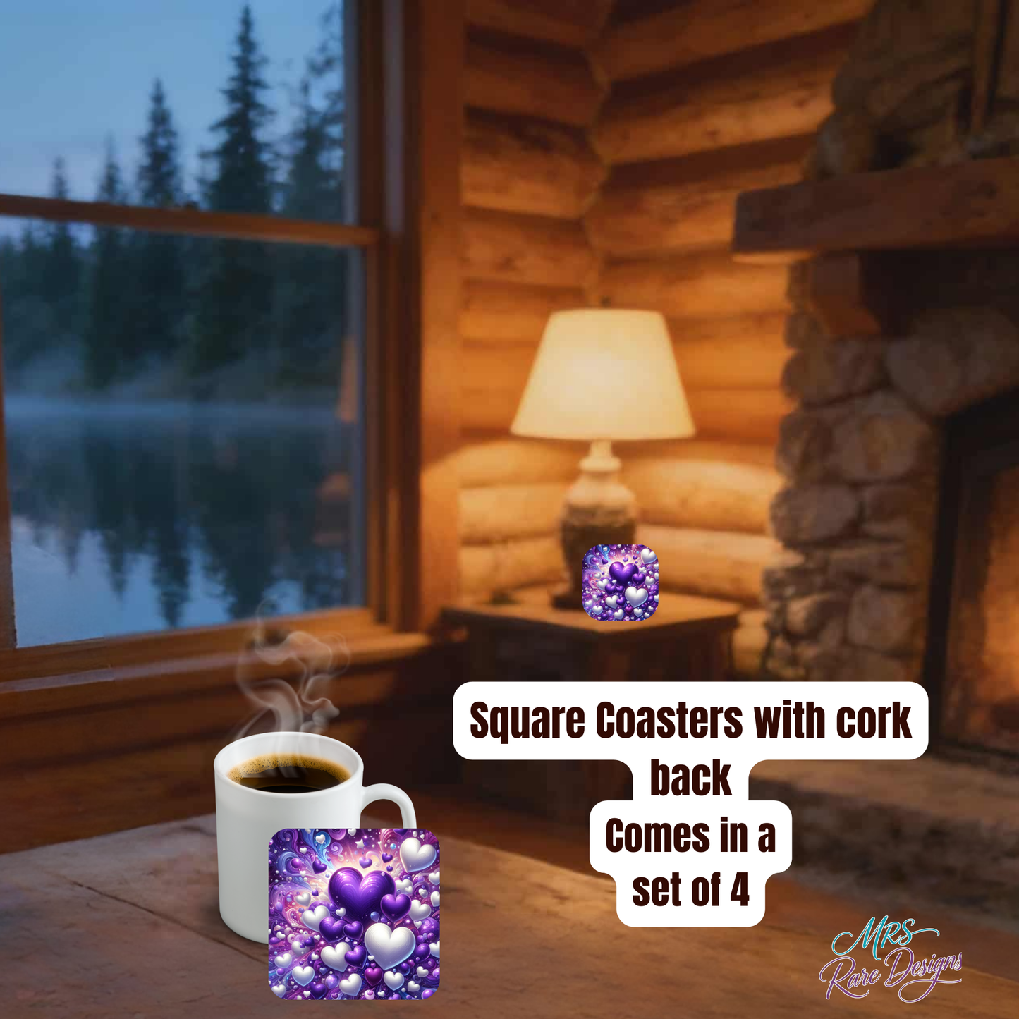 Purple Hearts Square Glass Coasters with Cork Back – Set of 4 Decorative Drink Coasters