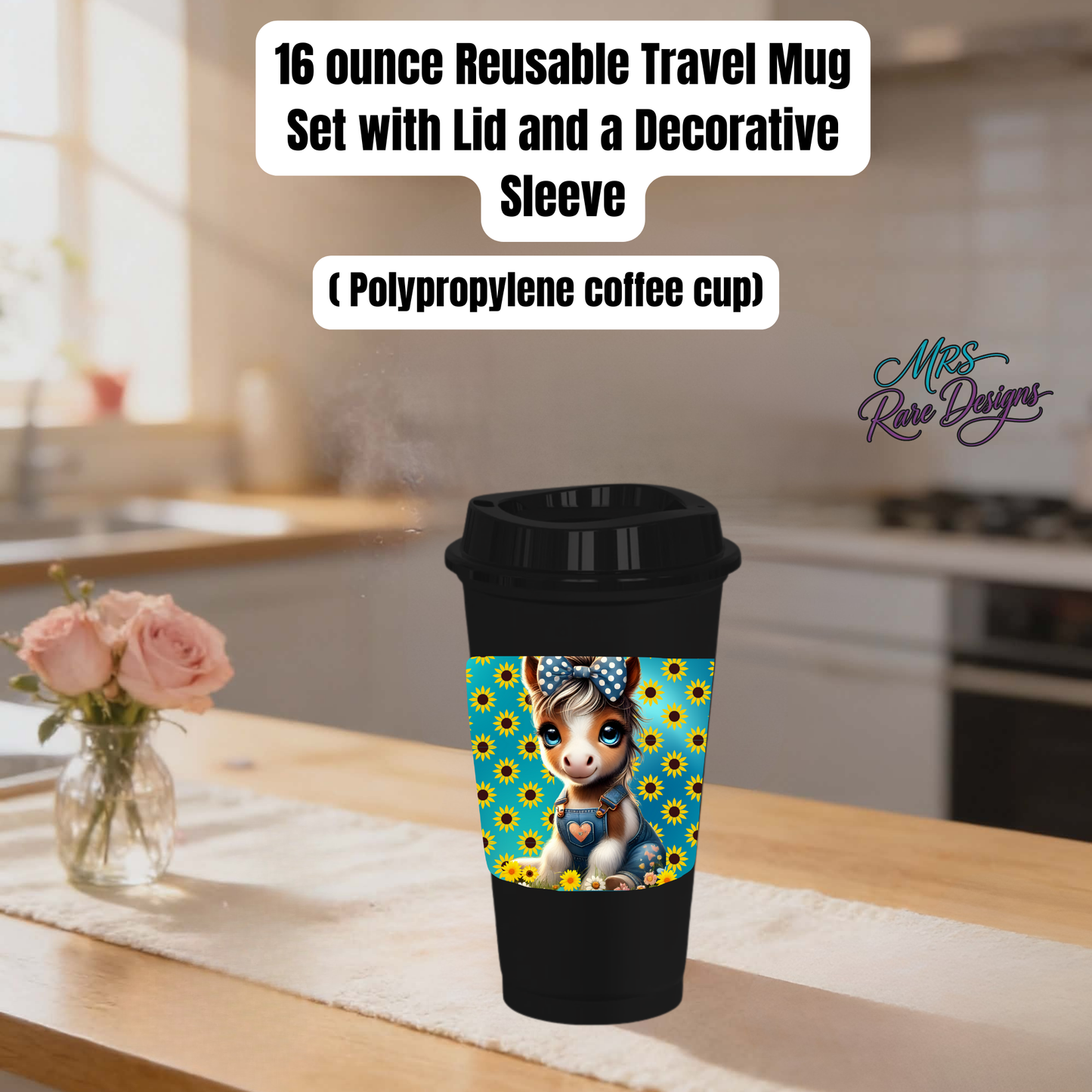 16 oz Sunflower Donkey Reusable Travel Mug – Polypropylene Coffee Cup with Lid & Decorative Sleeve (White or Black)