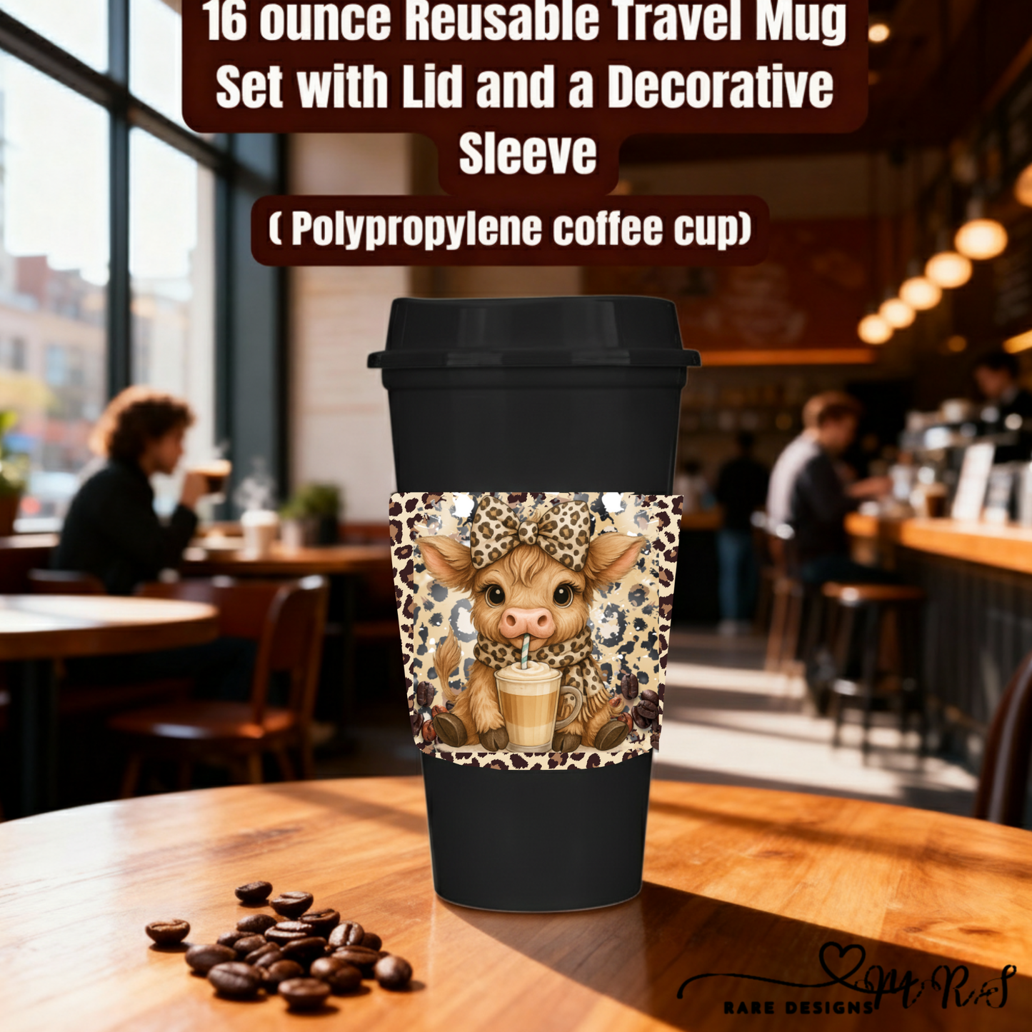 Highland Cow Coffee Lover 16oz Reusable Travel Mug with Decorative Sleeve