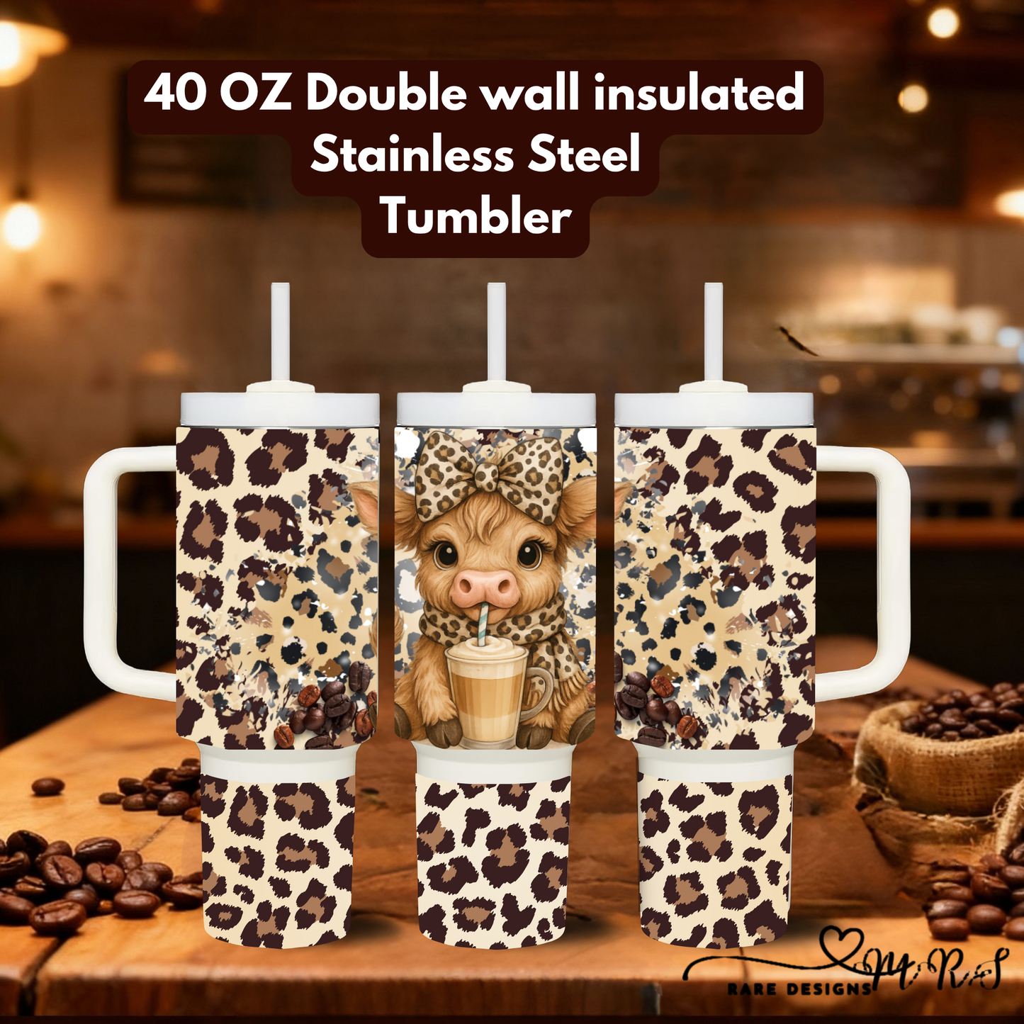 Highland Cow Coffee Lover 40oz Handled Stainless Steel Tumblers