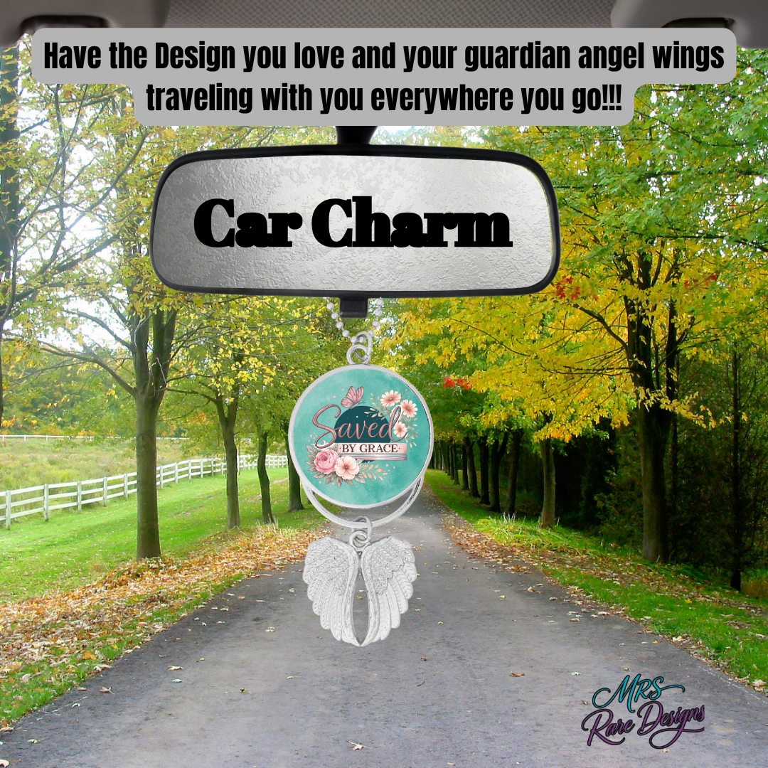 “Saved by Grace” Guardian Angel Wings Car Charm – Inspirational Rearview Mirror Hanging Ornament