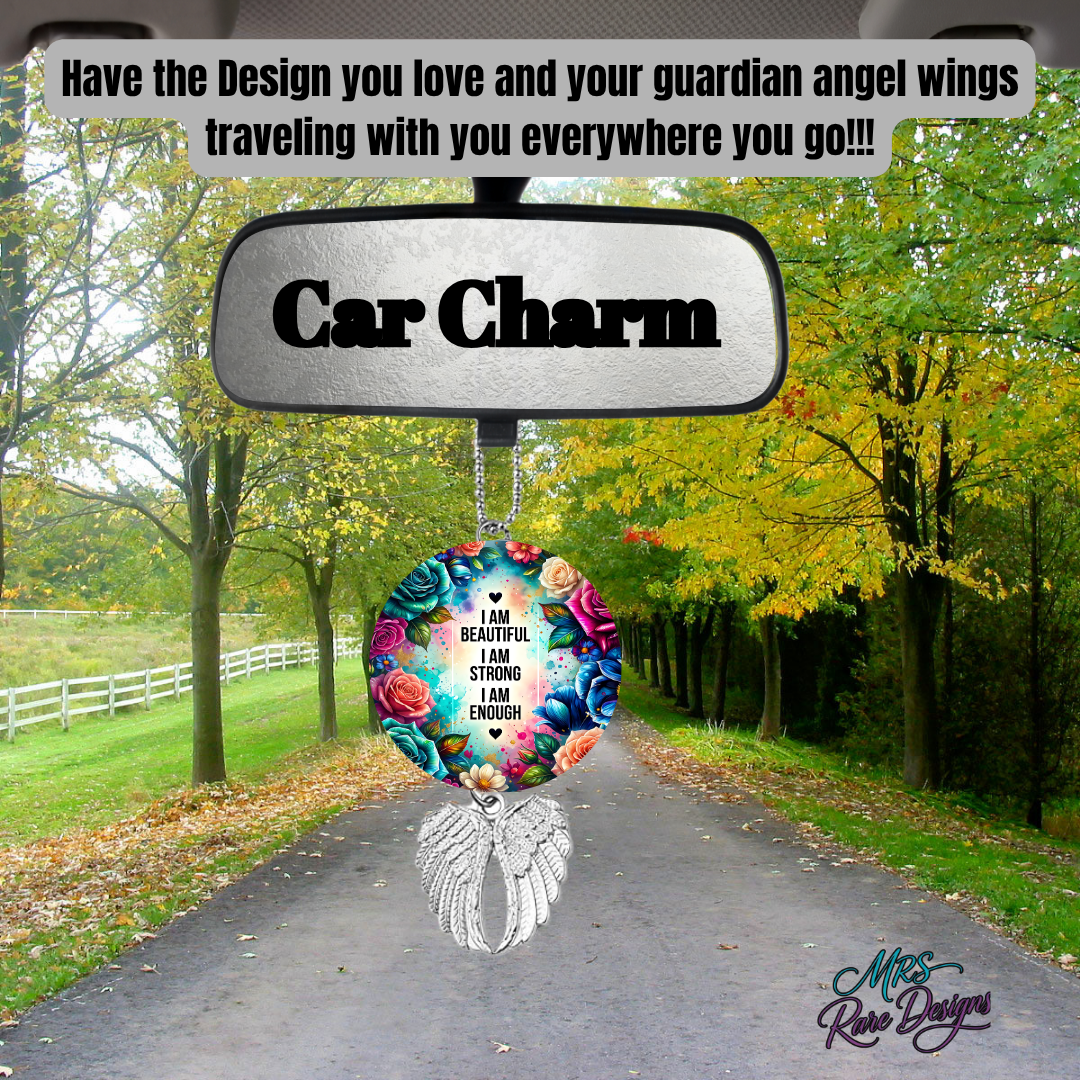 “I Am Beautiful, I Am Strong, I Am Enough” Angel Wings Car Charm – Inspirational Affirmation Rearview Mirror Decor