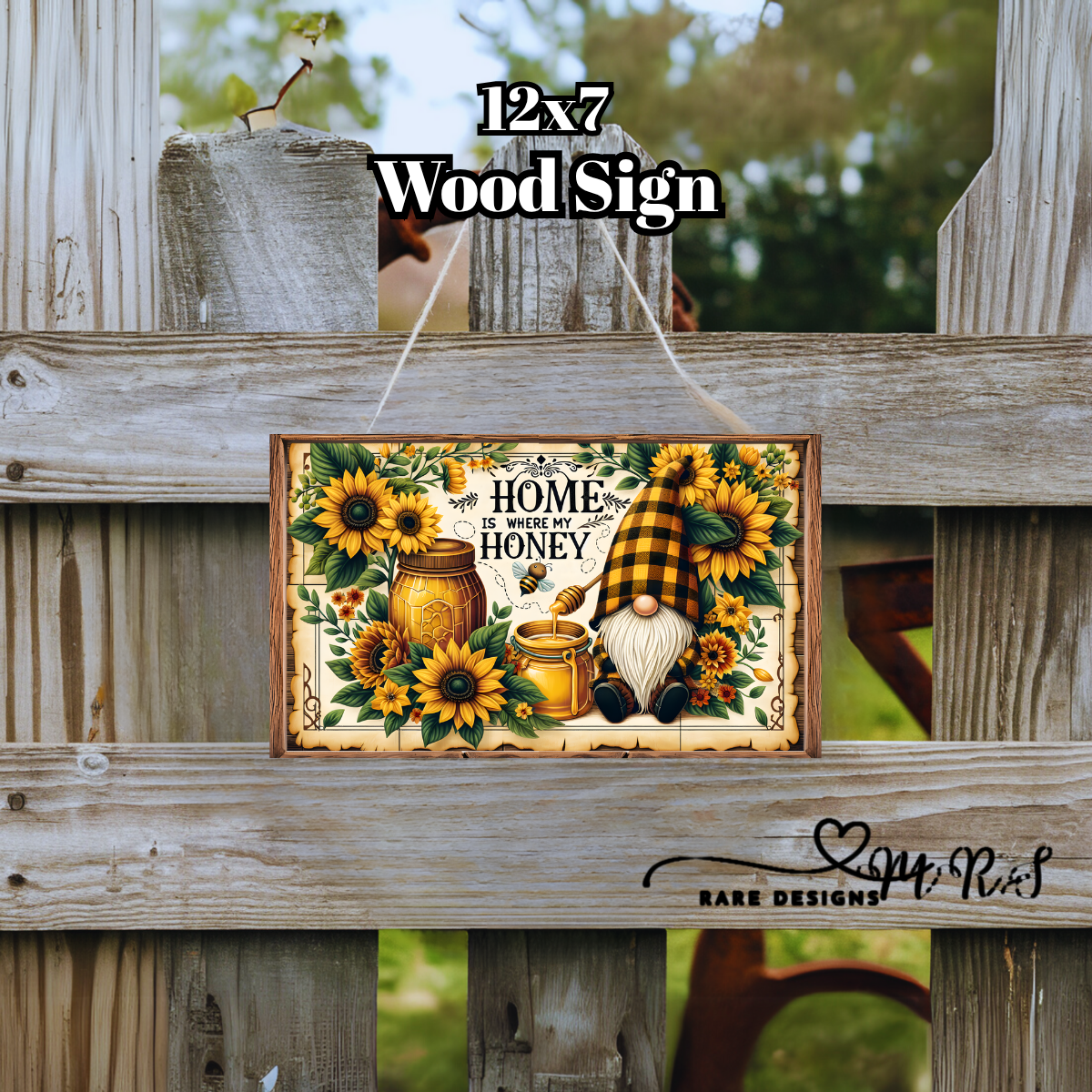 Home Is Where My Honey™ — 12×7 Wood Sign (Sunflower Gnome)