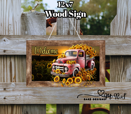Rustic Sunflower Truck Wood Signs – 12x7 Farmhouse Welcome Décor
