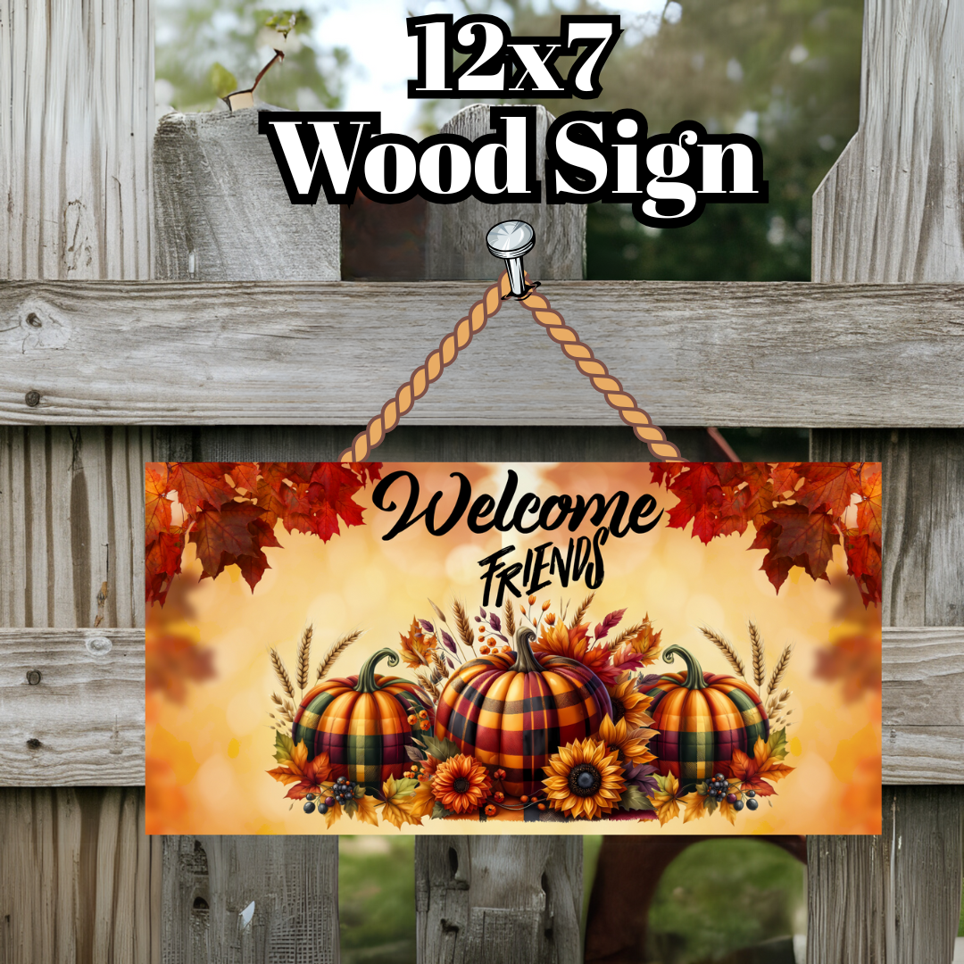 Welcome Friends Fall Pumpkin Wood Sign – 12x7 Rustic Wall Décor