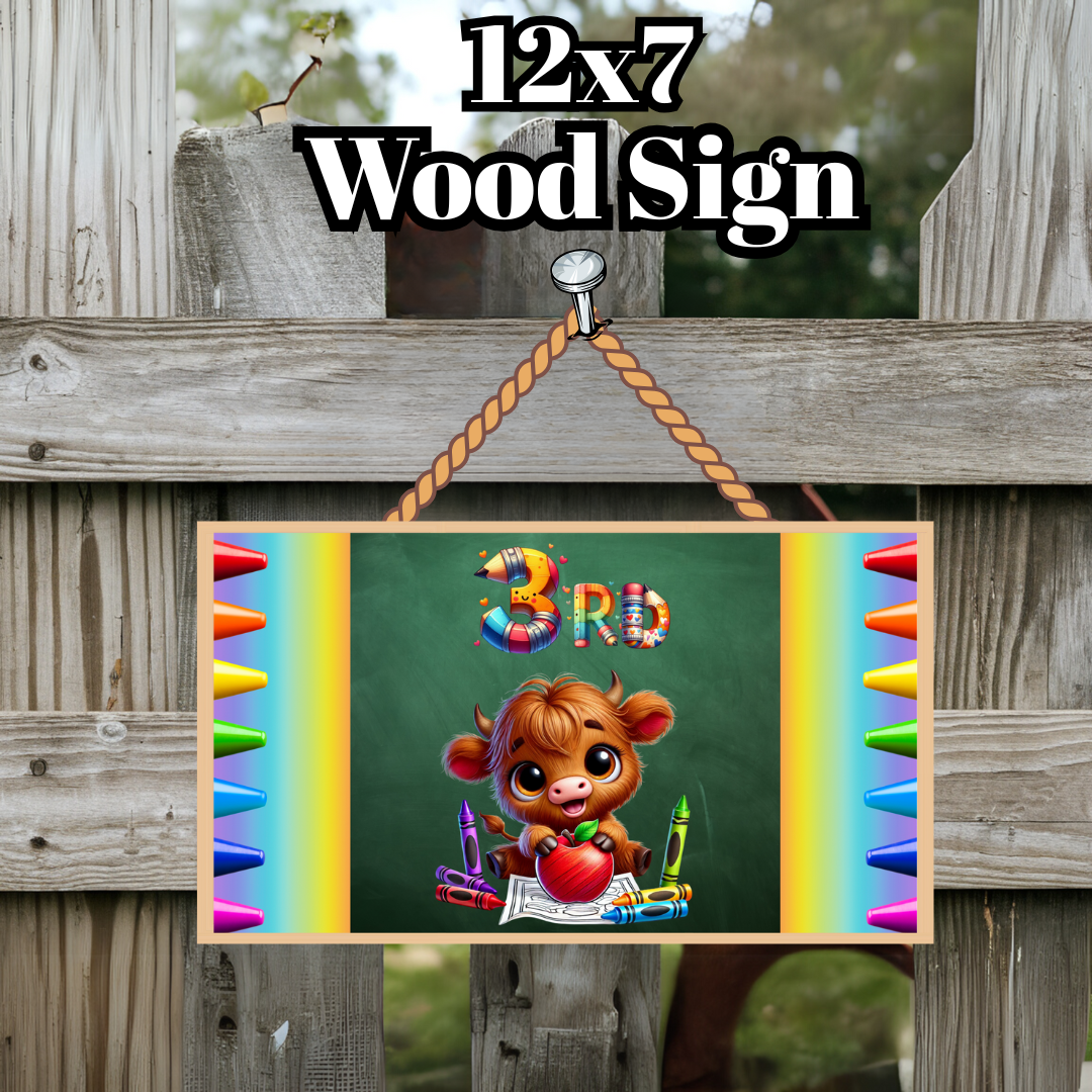 Back-to-School Highland Cow Grade Sign Collection – Pre-K through 5th Grade (12x7 Wood Signs)