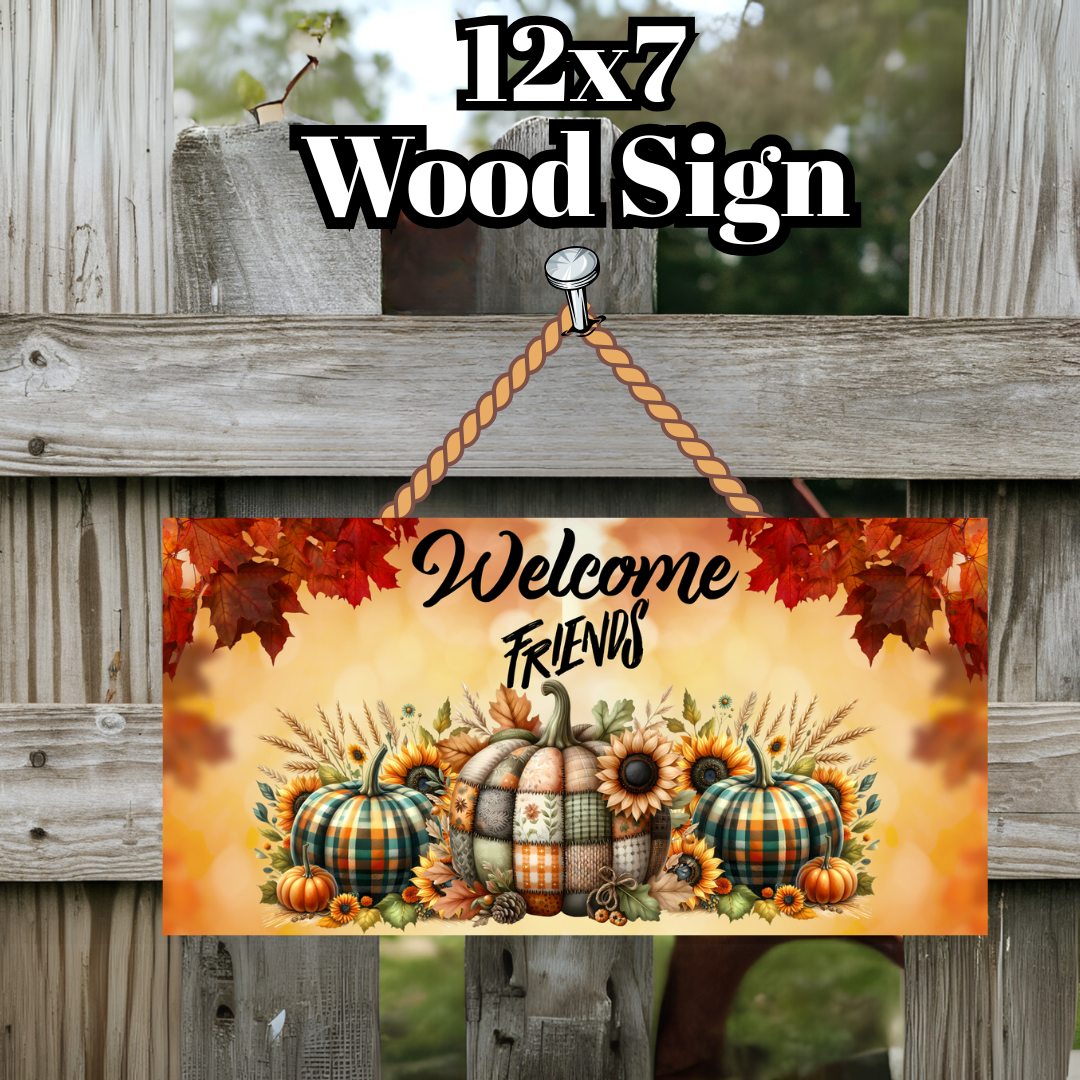 Welcome Friends Fall Pumpkin Wood Sign – 12x7 Rustic Wall Décor