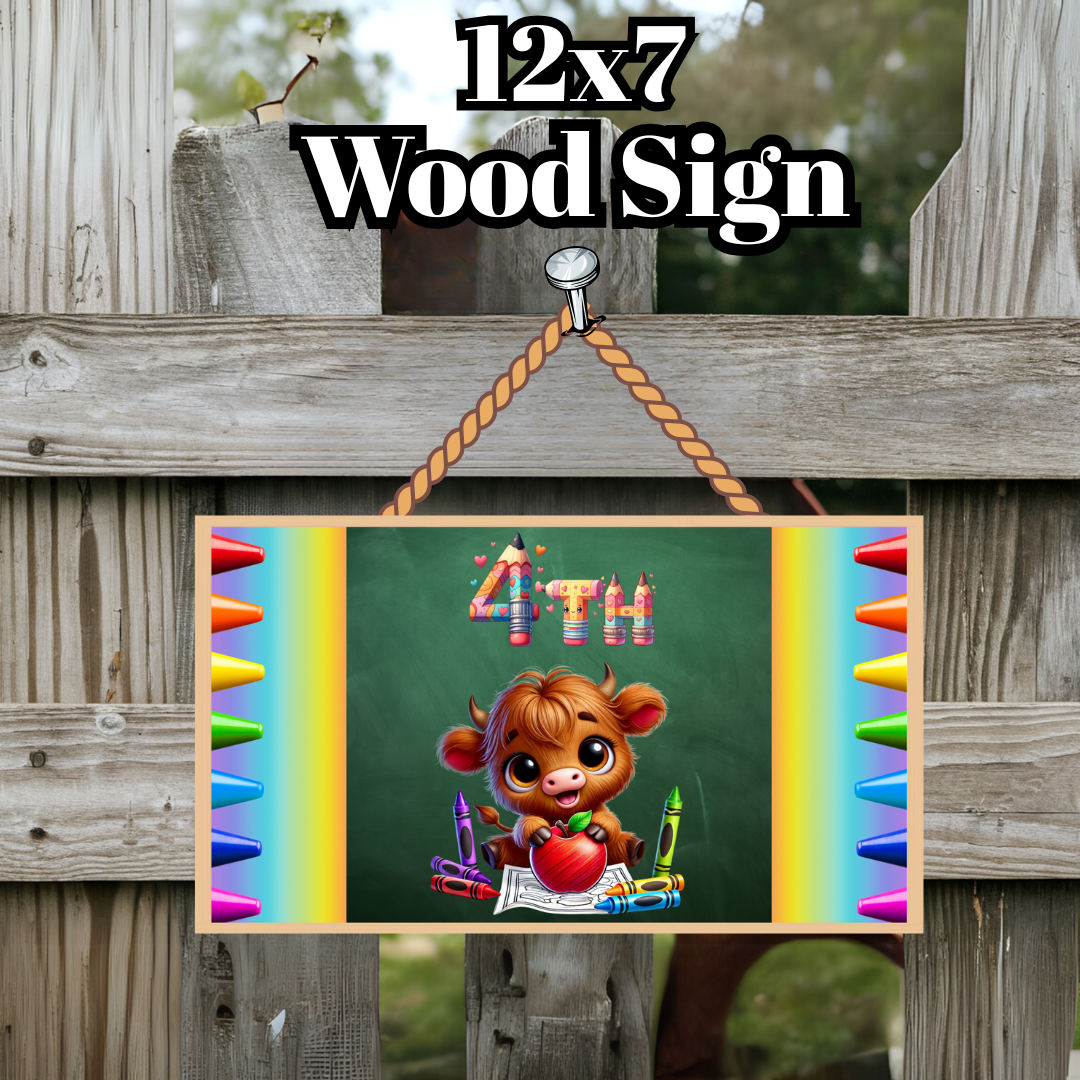 Back-to-School Highland Cow Grade Sign Collection – Pre-K through 5th Grade (12x7 Wood Signs)