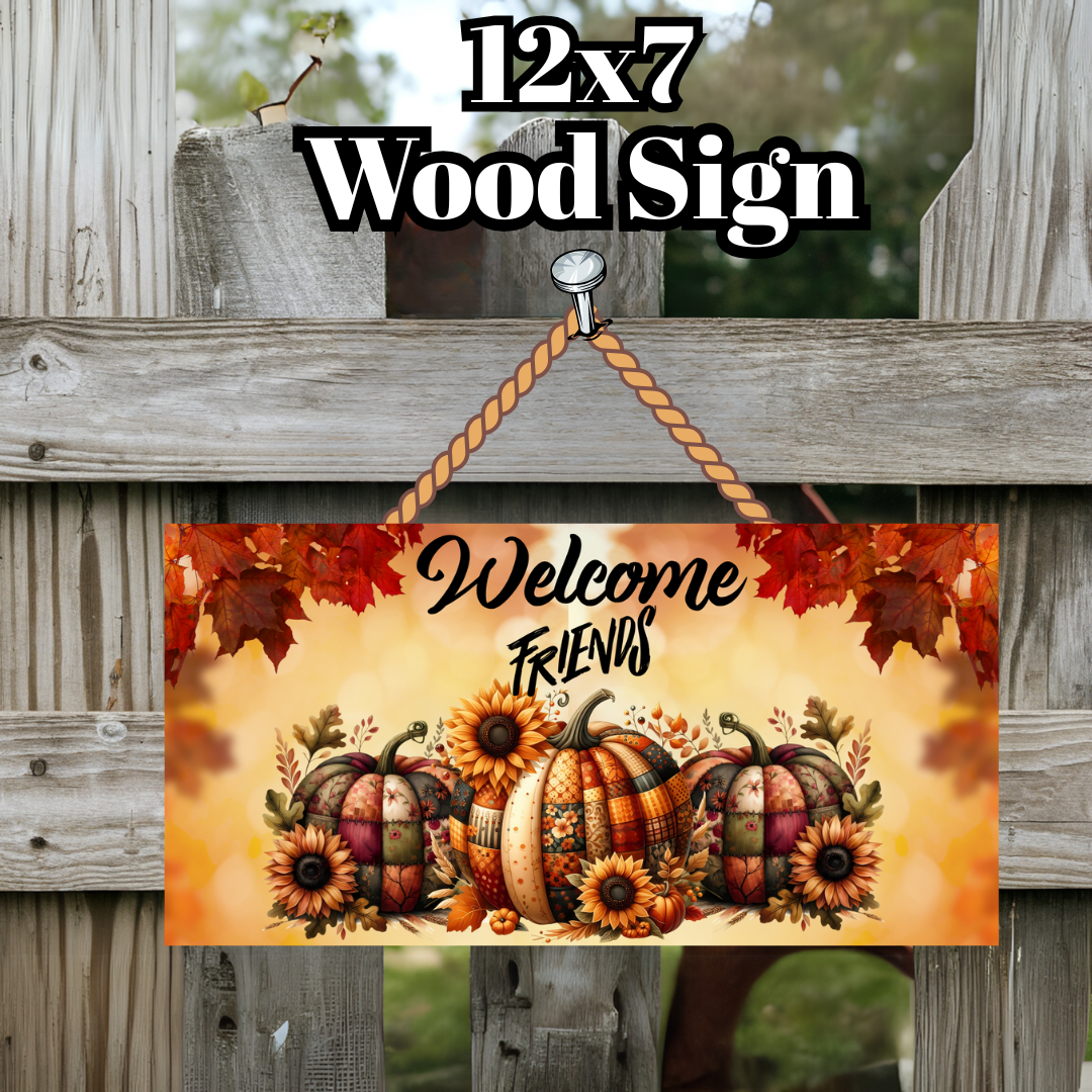 Welcome Friends Fall Pumpkin Wood Sign – 12x7 Rustic Wall Décor