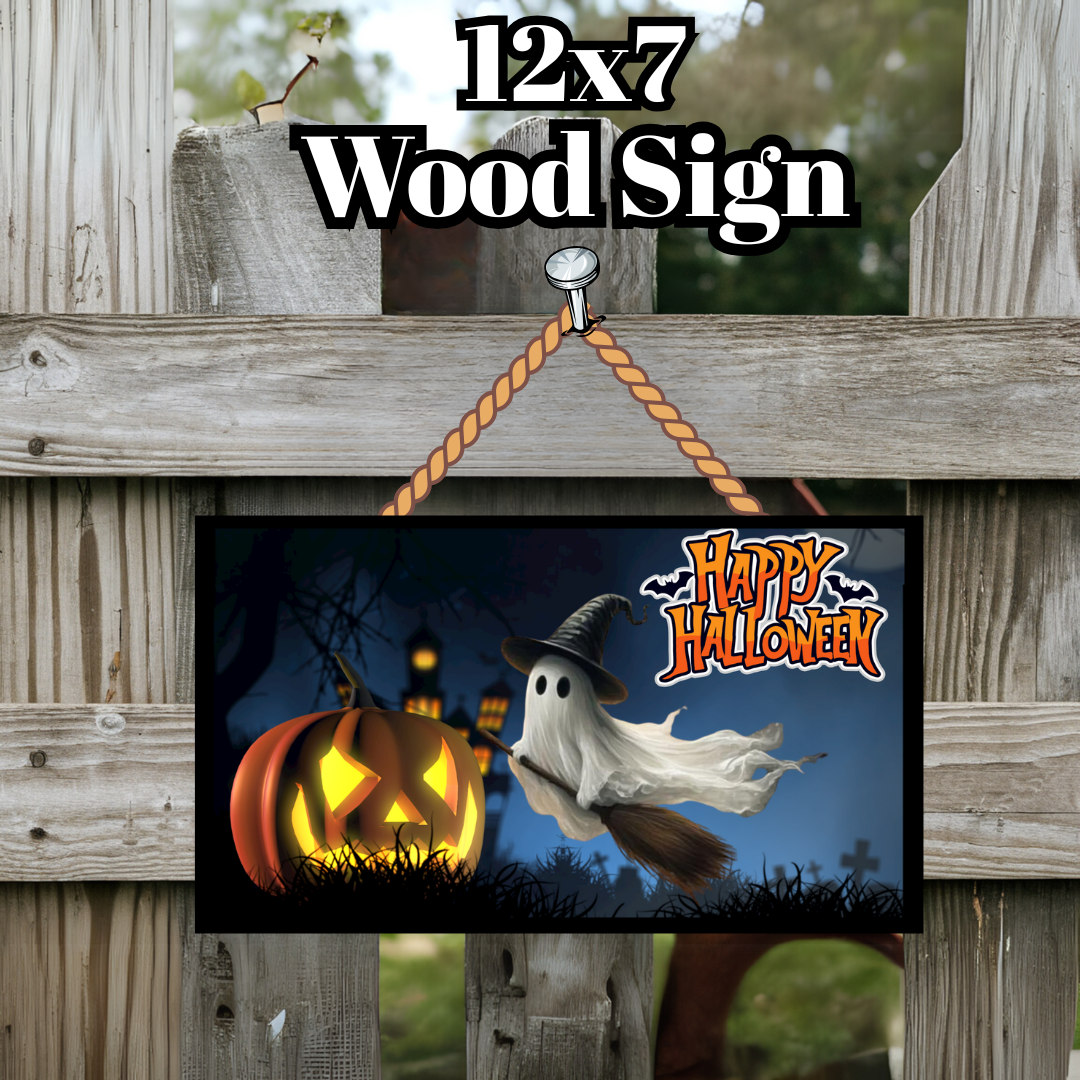 Haunted Night Halloween Wood Sign Duo – Ghost & Pumpkin Design (12x7 Inch)