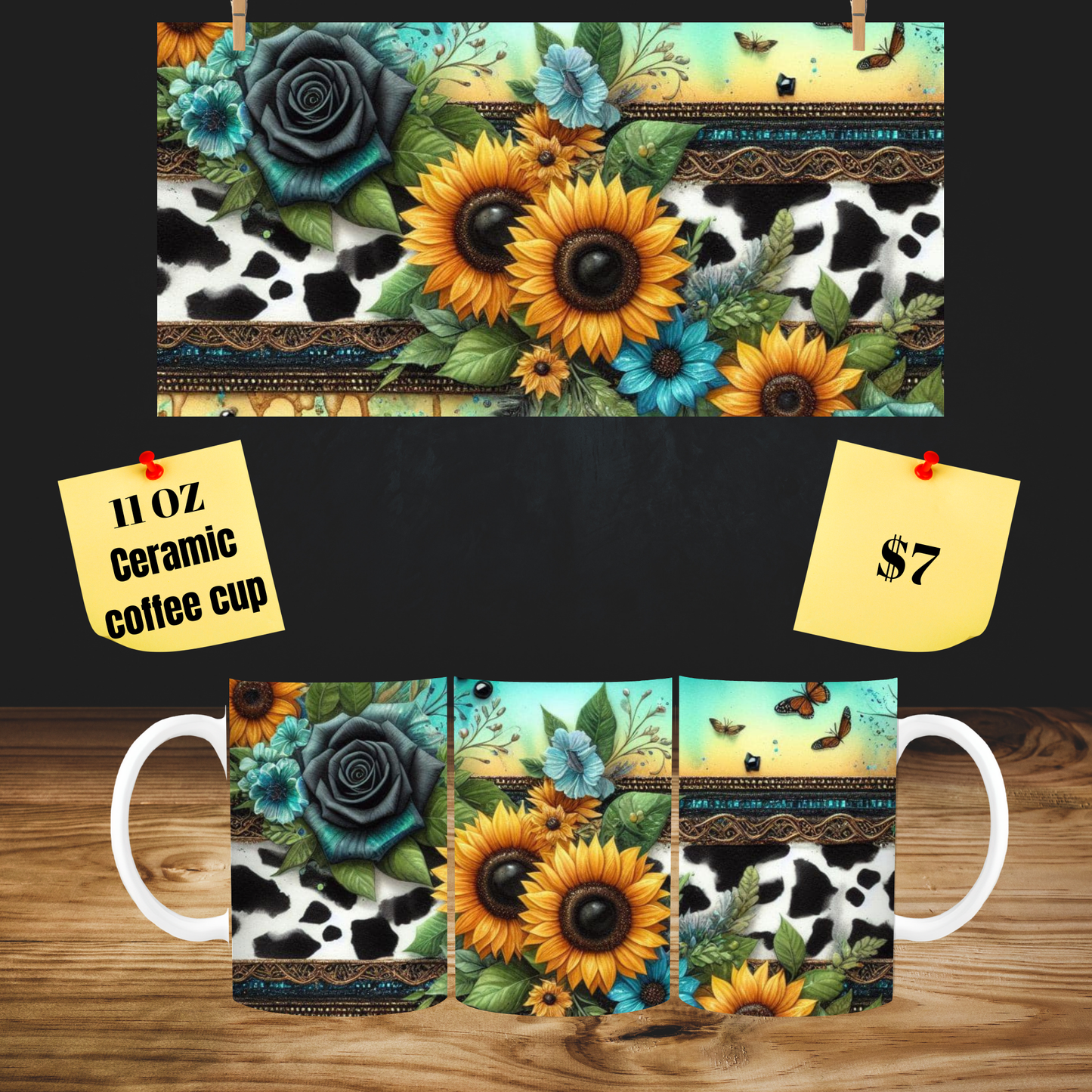 Sunflower and Cow Print Ceramic Coffee Cup