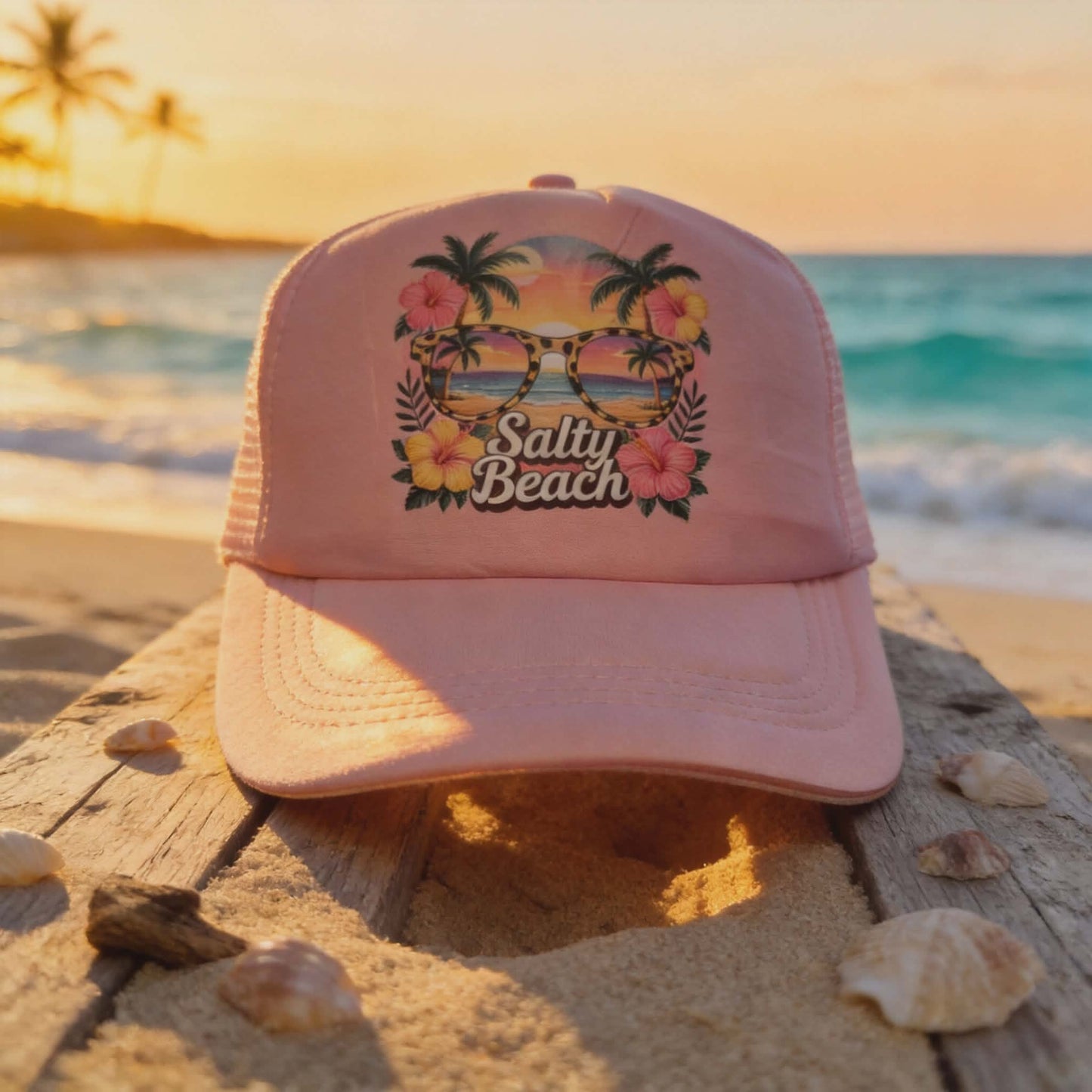 Salty Beach Sunset Trucker Hat – Pink Tropical Paradise Edition