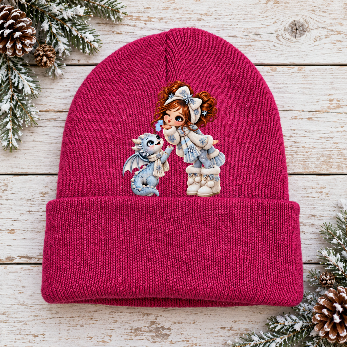 Winter Kisses Pink Girl & Dragon Beanie