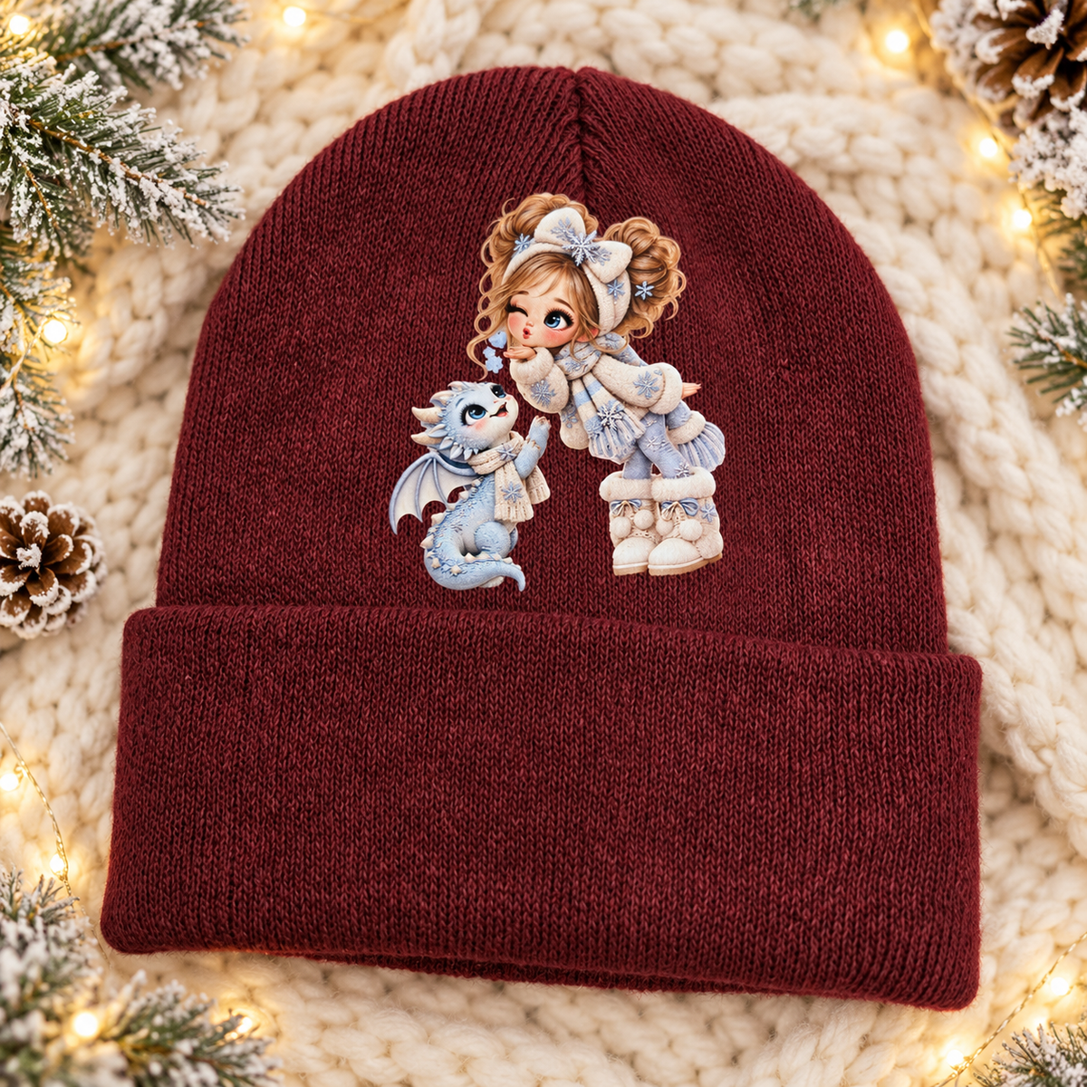 Winter Wishes Burgundy Girl & Dragon Beanie