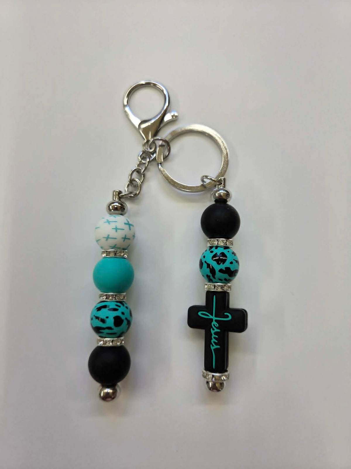 Faithfully Teal Jesus Cross Beaded Keychain