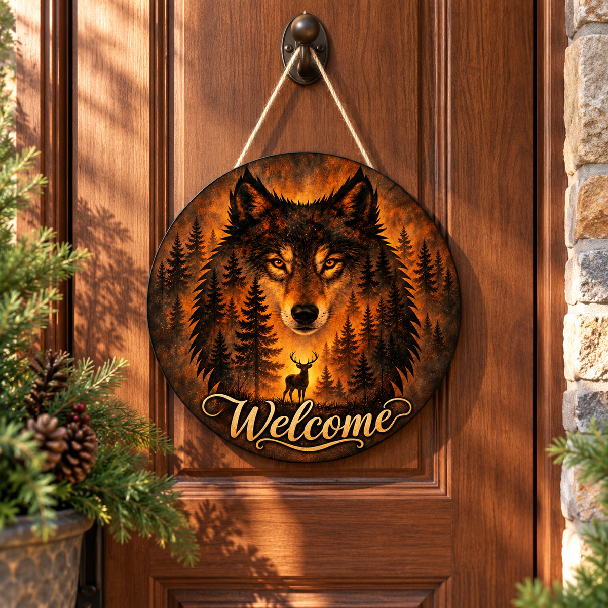 Amber Wilderness Wolf 10-Inch Welcome Sign
