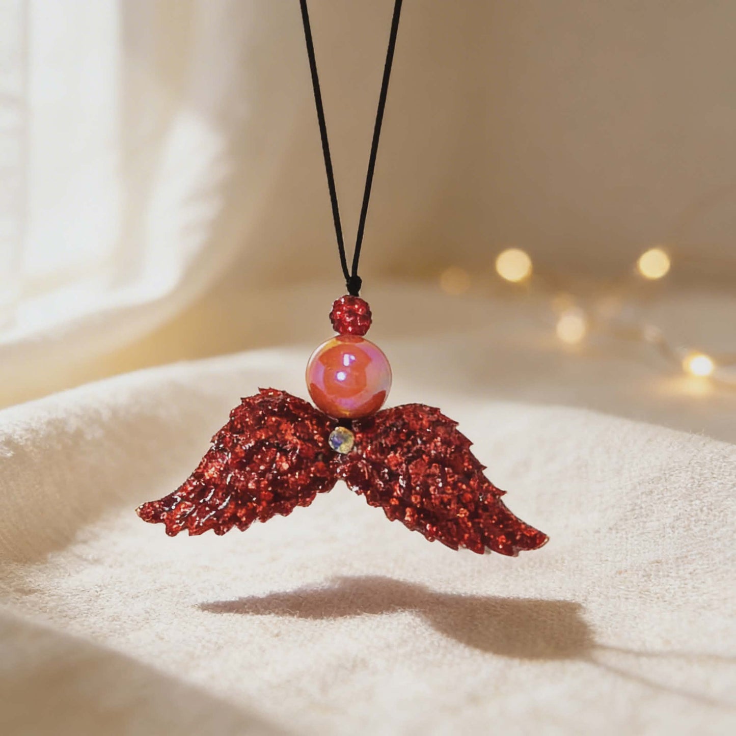 Handmade Red Glitter Angel Wings Resin Car Charm – Sparkling Guardian Rearview Mirror Decor