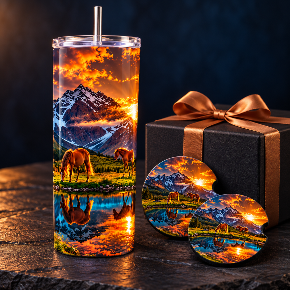 Golden Trails Horse & Mountain Sunset Tumbler and Car Coaster Gift Set