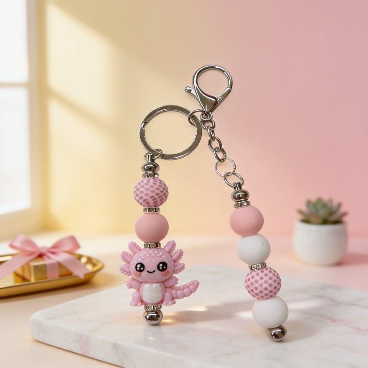 Blush Buddy Pink Axolotl Beaded Keychain