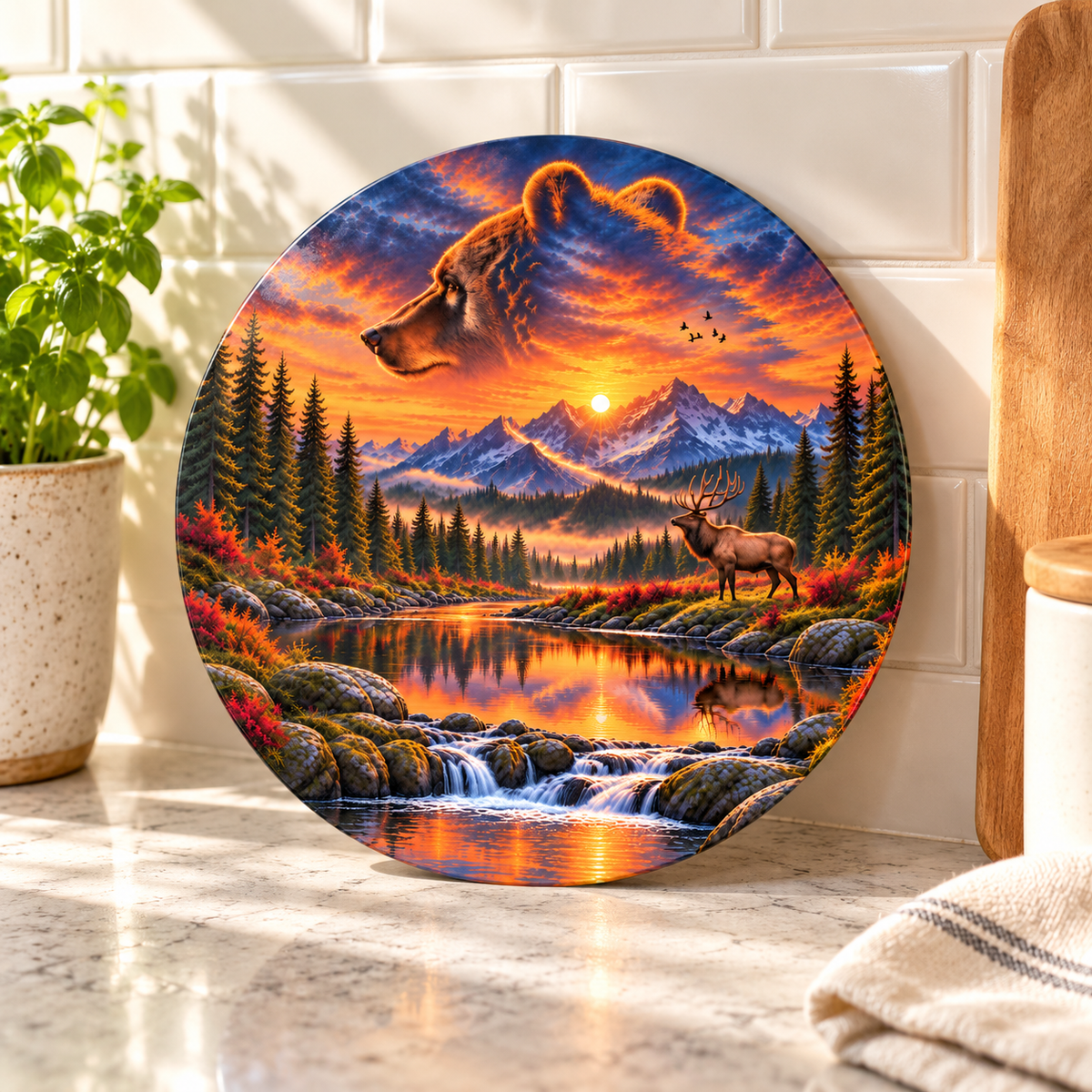 Bear Valley Sunset 9-Inch Round Glass Cutting Board