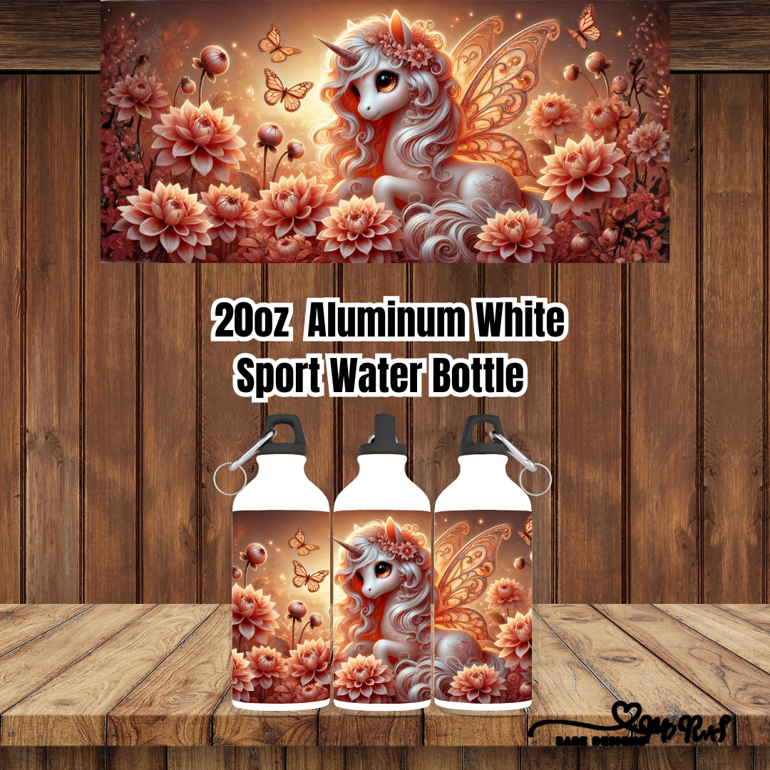 Enchanted Unicorn Garden – 20 oz Aluminum Sport Water Bottle (White, Carabiner Lid)