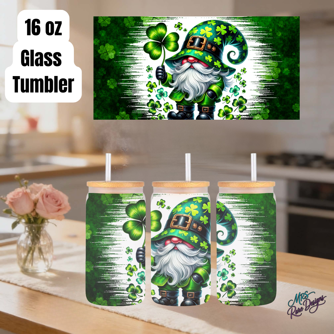 Irish Clover Gnome 16oz Frosted Glass Tumbler — St. Patrick’s Day Lucky Shamrock Cup with Bamboo Lid & Straw