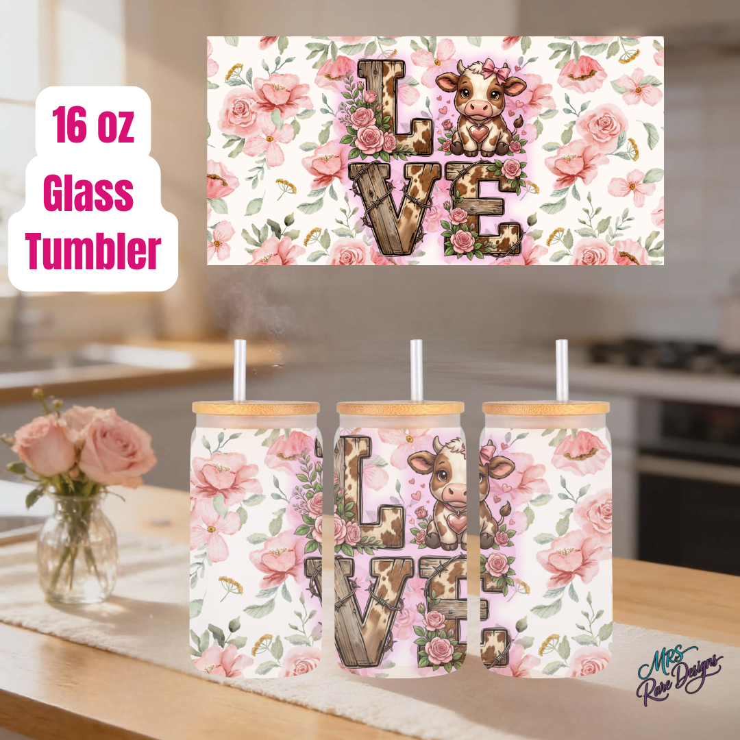 Love Floral Cow 16oz Glass Tumbler with Bamboo Lid & Straw