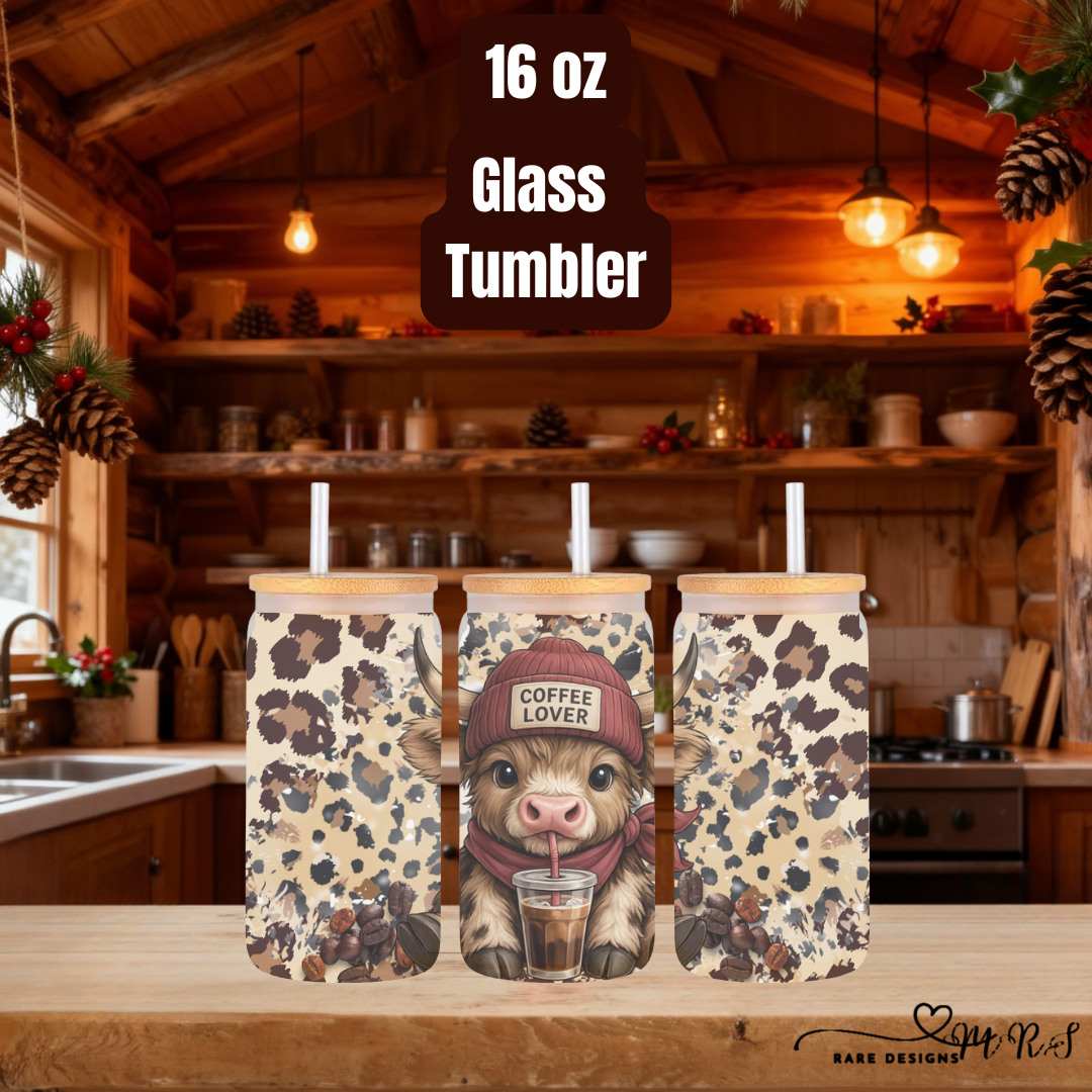 Highland Cow Coffee Lover 16oz Glass Tumblers