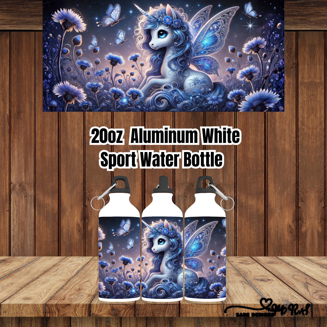 Enchanted Unicorn Garden – 20 oz Aluminum Sport Water Bottle (White, Carabiner Lid)