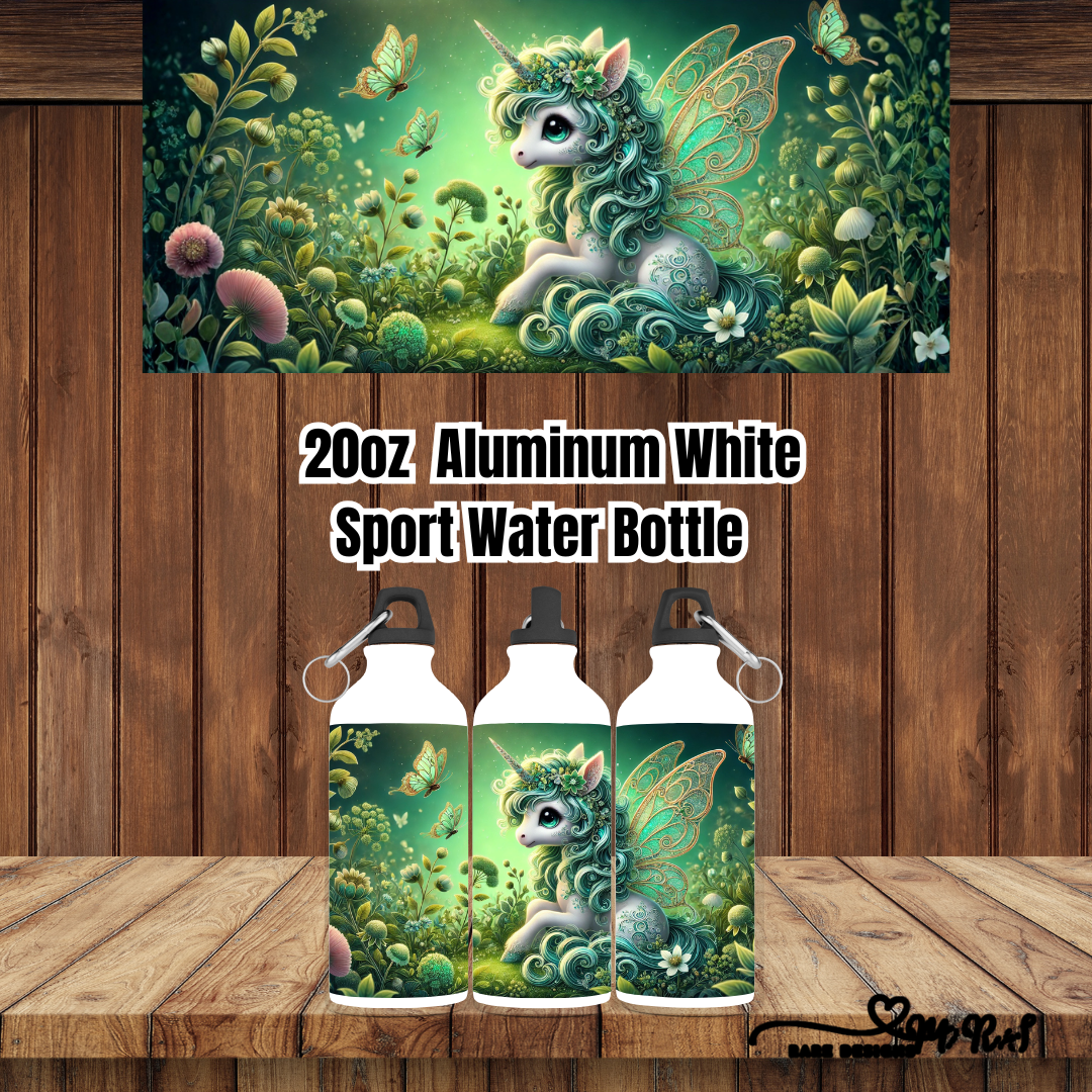 Enchanted Unicorn Garden – 20 oz Aluminum Sport Water Bottle (White, Carabiner Lid)