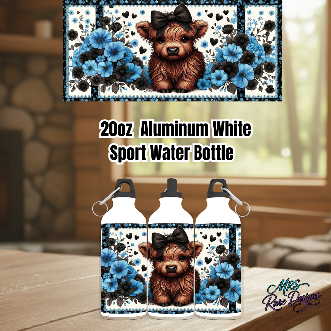 Highland Cow 20oz Aluminum Sport Water Bottle Collection – Rustic Farmhouse Cow Design in Teal, Pink, Purple, Blue & Dark Pink