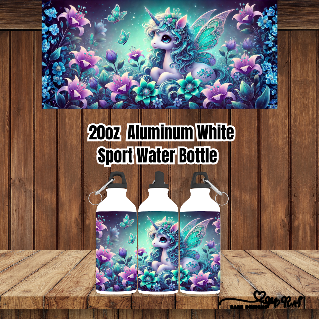 Enchanted Unicorn Garden – 20 oz Aluminum Sport Water Bottle (White, Carabiner Lid)