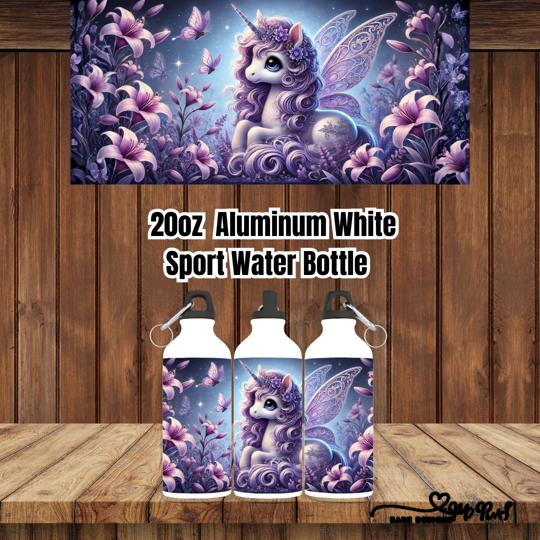 Enchanted Unicorn Garden – 20 oz Aluminum Sport Water Bottle (White, Carabiner Lid)