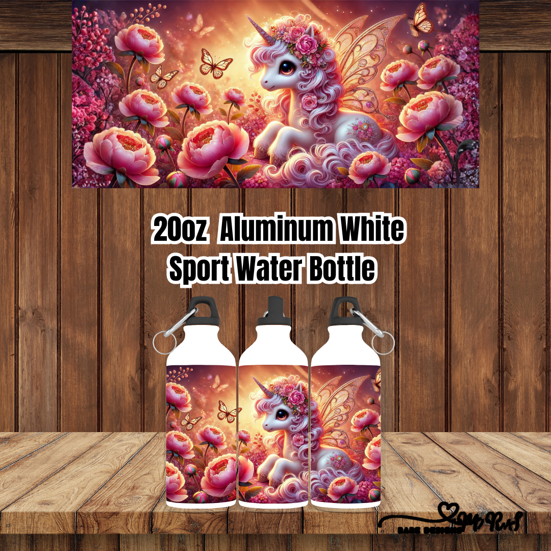 Enchanted Unicorn Garden – 20 oz Aluminum Sport Water Bottle (White, Carabiner Lid)