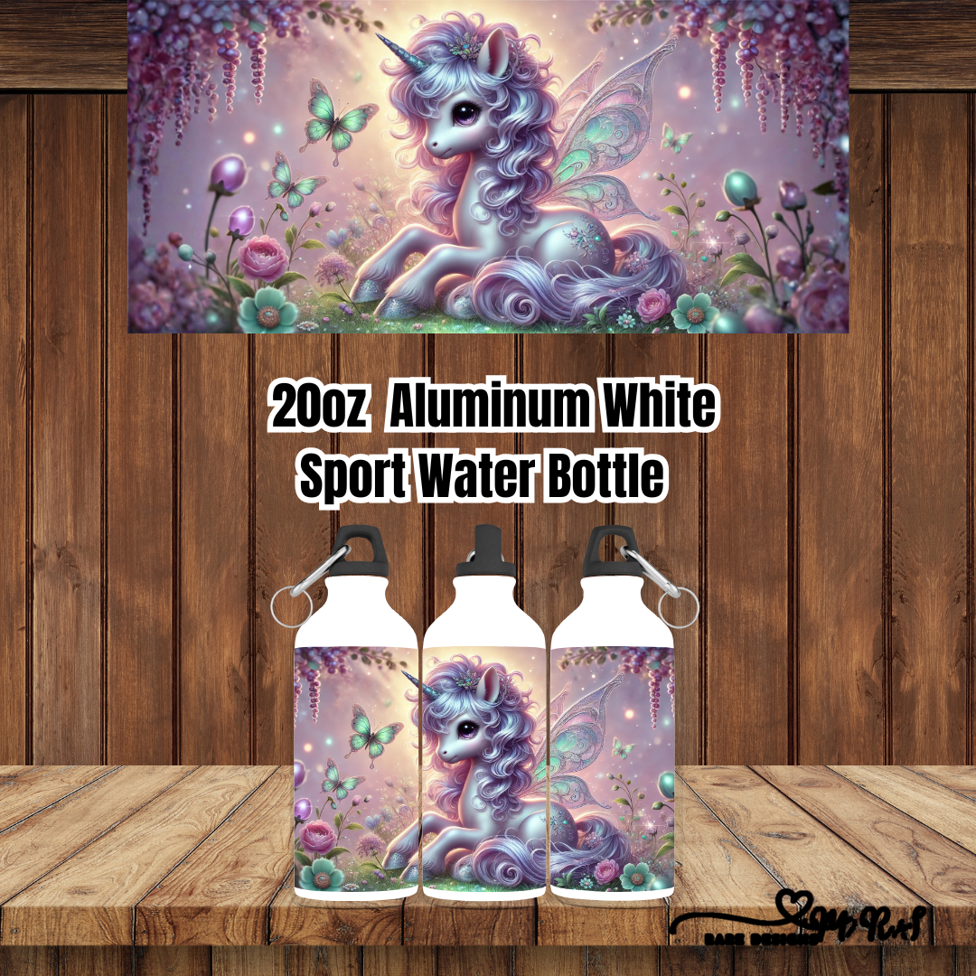 Enchanted Unicorn Garden – 20 oz Aluminum Sport Water Bottle (White, Carabiner Lid)